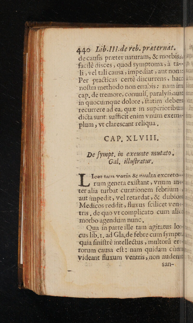 decaufis preter naturam, &amp; morbis; facilé disces ; quod i tale tà-4! li,velta ;li causa ; impediat ; a ,autnoniui]h Per practicas certé discurrens , hacc] - noftra methodo non er traois : pam iml ki cap. de tremore, c onuulf, pas Gud m in quocui mque dolore , ftam Pacte recurrere ad ea; que in superioribu jo dicta sunt: sufficit enim v nim exemi4 t plum , vt clarescant reliqua, CAP; XLYIIL De 24e exeunte vutato , Gal, iliufiratur, Icettanm *otia Sz ràiulta excretos4b o: rum genera a exiftant , vnum 1n4; ter alia cutbat curationem febrium Jl: aut impedit; velretardat, &amp; dubiosq; Medicos t reddit; flux us Ícilicet ven: tris, de quo vt complicato cum alical: morbo agendur m nunc Qua 1a patte ille tam agitatus lof cus lib.:, ad Gla.de febre cum fymptuja, quia finiftre intelle&amp;us , multorü er: rorum causa eft: nam quidam Cum videant fluxum venis ,non audeni : Saíl- T AM m