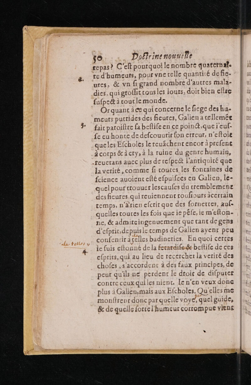 jo Dol?rinenouutle re d'humeurs, pour vne telle quantité defie- ures, &amp; vn figrand nombre d’autres mala- dies, qui groflitcous les iours, doir bien eftre fufpe&amp; à coutle monde. Or quanc à cé qui concerne le fiege des hu. meurs putrides des fieures, Galien a cellemée fair patoiftre fa beftife en ce poinét,que i'euf- {e eu honte de defcouurir fon erreur, n’eftoie queles Éfcholes lereuächenc encor à prefene à corps éc à cry; à la ruine du genre humain, .teuerans auec plus de refpeét l'antiquité que la veriré, comme fi routes les fonraines de fcience auoientefté efpuifees en Galien, le- quel pour crouuer lescaufes du cremblemene des fieures quireuiennent toufiours icertain cemps, n'àrien efcrit que des fornettes, auf quelles couces les fois que ie péfe, ie melton- d'efprir,depuislecemps de Galien ayenr peu confentiracelles badineries. En quoi certes ïe fuis eftonné de la ferardife-8e beltife de ces efprirs, qui au lieu de recercher la verité des chofes ,s'accordenc à des faux principes, de peur quilsine perdent le dtoic de difputer contre ceux qui les nient. le n’en veux done plus à Galien,mais aux Efcholes. Quelles me monfirens donc par quelle voye, quel guide, Î &amp; de queile force l'humeur corrompue visne