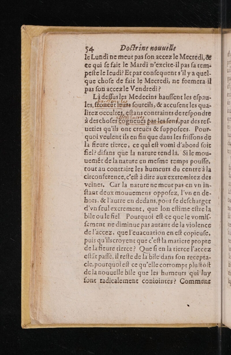 SA Doétrine nouuelle le Lundi ne meut pas fon accez le Mecredi,&amp; ce qui fe fair le Mardi n’excice-il pas fa rem eftelel cudi? Et par confequenc s'il y a quel. Re chofe de fait le Mecredi, ne formera.il pas fon accezle Vendredi? La deflusles Medecins hauffenr les efpau- les foncé leurs fourcils, &amp; accufencles qua- Ne occul Îces, eftans contraints derefpondre deschofes Cognèués par les fens,par desref. ueties qu'ils ont creuës &amp; fuppofees. Pour- quoi veulent ils enfin que e dans les friflons de la fieure tierce, ce quieft vomi d’abord foit fiel? difans que la naturetendli. Silemou- ueméc de [a nature en mefme temps poule, tout au contraire les humeurs du cencreàla cir ee ence, c'eft à dire auxexcremirez dés veines, Car la nature nemeucpasen vnin- died deux mouuemens oppofez, ne de- hc DCS: &amp;l l'autre en dedans, pont rfed def {ch 3AfOCT d'vnfeulexcrement, que lon eftime eftre la bile oulefiel Pourquoi eff.c equele ES votsC émenc ne diminue pas autant de la violence del EU» que l'euacuarion en eft copieufe, uis qu ilscroyenc que c'eft la matiere propre de Le, ure Es tce? Quefienla rierce l'accez eftit pañlé, il refte de la bile dans fon recepta- LL pOb ANT equ “elle corrompr pluftôit de la nouuelle bile que les humeurs quiluy {onc radicalement coniointes? Commenr