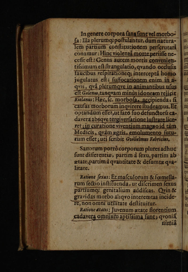 dapide eft Tti sti occlufis Taucibus refpirationeq; interceptá homo jugulatus c ; fuffocationem enim inae | qvis, .q'3 plstumqvs in animantibus n(us. Q 'elt Gai M CIRgTIELS minüs idoneam rejicit qum effet; ;uti fcribit Guilielmus Fabricius, Sanorum porró corporum plutes adhuc funt differentiz, partim à fexu, partim ab ztatepartimáa qvantitate &amp; defumte qva- litate. Ratiene fexus: Écmafculotum &amp; feemella- rum fe&amp;io inftituenda, ur difcrimen fexus pártiumq; genitalium addiícas. Qvin &amp; re, non omni utilitate deftituitur. Ratione &amp;tAtts ; ; Juvenum ztate floren tium Kadavera omniuim aptifsima fünt ; qvoniá riimiia 