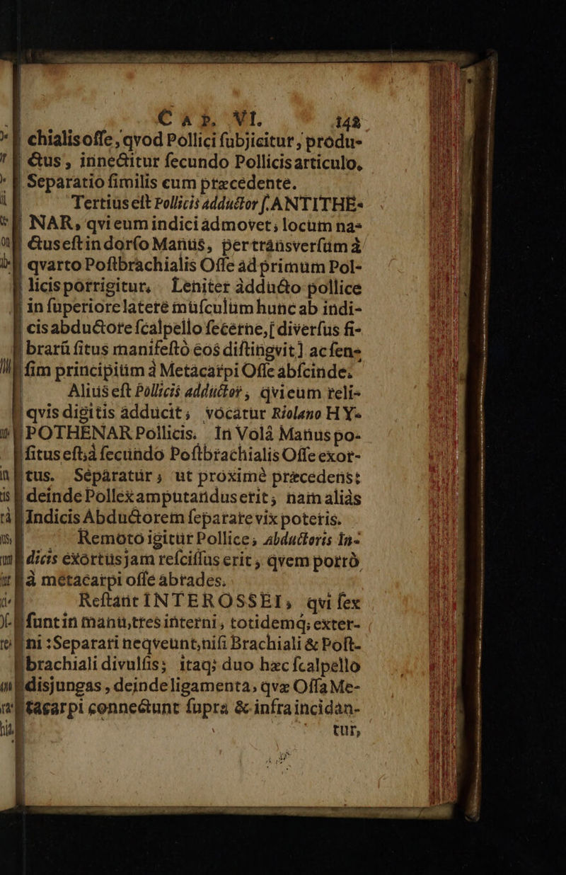                     i Car VI. 142 * &amp; chialisoffe, qvod Pollici fubjicitur ; produ- ' f &amp;us, inneditur fecundo Pollicis articulo, * K Separatio fimilis cum precedente. UE Tertius elt Pollicis 4dduclor [.ANTITHE- E NAR, qvieumindiciadmovet; locum na» f &amp;useftindor(o Manus, pertransverfüm à l-M qvarto Poftbrachialis Offe ad primurn Pol- | licisporrigitur, . Leniter àddu&amp;o pollice TP in füperiorelateté müfculümhunc ab indi- 14 cisabdu&amp;otefcalpello fecérne,( diverfus fi-  | brarü fitus manifeftó €os diftingvit] acfen Ile fim principitim à Metácatpi Offe abfcinde; | Alitis eft Pollcis addüctot , Qvieum reli- |qvis digitis adducit; vocatur Rieleno H Y« ( SPOTHENAR Pollicis. 1r Volà Manus po- 2 Ifitusefd fecundo Poftbrachialis Offeexor- uni i P tus. Sépáratür, ut proximé pricedens: iu is E deinde Pollexamputandusetit; nain aliàs tà Indicis Abdu&amp;orem fepatate vix potetis. 5E ^ Remoto igitur Pollice; Alducteris I1n- m dicis exortüsjam reíciffus erit ; qvem potrà it Kà metacarpi offe abtades. m Reftait INTEROSSEI, qvi fex -Bfuntin mantitres interni ; totidemq; exter- o P ni :Separati neqveunt;nifi Brachiali &amp; Poft- jT Bbrachiali divulfis; itaq: duo hzc fcalpello mu mBdisjungas , deindeligamenta, qvz OffaMe- i Etacarpi conne&amp;unt fupra &amp; infra incidan- ti | tur, T !  
