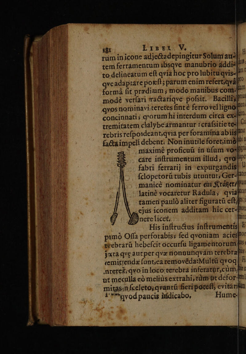 igt Eur 33 rs | tüm in icone adje&amp;adepingitur Solini au2[ tem ferramentum ibsqve manubrio áddié to deliaeatum eft qvia hoc pro lubituqvis- qveadaprare poteft; parum enim refert;qvá formá fit predium ; modo matiibus com: modé veríari ra&amp;ariqve: pofsit. ' Bacillty qvos norhiriavi, teretes fint é ferro velligno! concinnati; q'orum hi interduri circa exe tremitatem clalybearmantur :cráfsitietes rebris refpoxdeant;qvia per forariiria abiisl fa&amp;taimpeli debent; Non inutile foret;imó|!! máximé proficuü in üfum vost cáré inftriimestum illud; qva fabri ferrarij in exptirgandis| ! fclopetotü tubis utuntur; Ger-]^* manicé nominatur ít ftrafet/ latiné vocaretur Rádula; qviaj! tamieri pauló aliter figuratü efti .ejus icoríem additam: hic cer-!* nerelicet; ^. — | [ His ínfiru&amp;us inftrumentis| E pimó Offa perforabiss fed qvoniam aciesp?! trebrarü hebefcit occurfu ligametitorutm p^: jxra qve autperqvz nionpunqvám rerebragis (mittenda funt;ea removéda:Multü qvoq | Fi ntered; qvo in loco:terebra inferatür,cüm, ut meculla eó meliüs extrahi; tüm üt defor: mitas.nfceleto; qvantü fieri poceft evitar i'qvod paucis iiidicabo, Hume-  