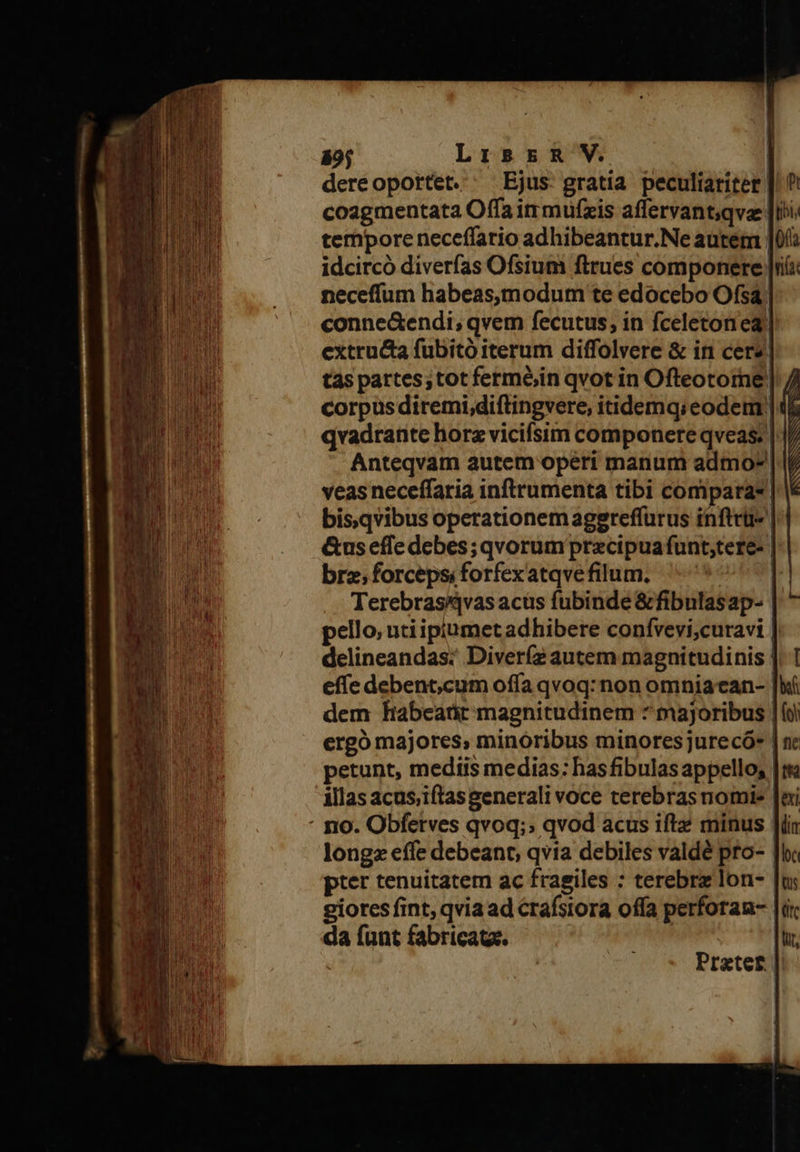 89j Liszsn V. | dereoportet. ^ Ejus gratia peculiariter |'' coagmentata Offa itr mufzis affervant;qva [Iii temporeneceffario adhibeantur.Ne autem |0i idcircó diverfas Ofsium ftrues componere | neceffum habeas,modum te edocebo Ofsa: conne&amp;endi, qvem fecutus; in fceletoneq extru&amp;a fubitó iterum diffolvere &amp; in cere. t4s partes;tot fermóin qvot in Ofteotorne. corpus diremi,diftingvere, itidemq; eodem | qvadrante horz vicifsim componere qveas. | Anteqvam autem operi manum admo* | veas neceffaria inftrumenta tibi compara bis.qvibus operationemagegreffurus inftrü- &amp;us effe debes; qvorum precipua funt;tere- | bra; forceps; forfex atqve filum. | : Terebras/jvas acüs fubinde &amp;fibulasap- | pello, utiipiumetadhibere confvevi;curavi | delineandas: Diveríz autem magnitudinis effe debent,cum offa qvoq: non omniacan- dem habeatit magnitudinem 7majoribus | (i ergó majores, minoribus minores jurecó* | petunt, mediis medias: has fibulas appello, |i illas acus;iftas generali voce terebrasnomie Joi : no. Obfetves qvoq;; qvod acus ifte minus Jii longz effe debeant, qvia debiles valdé pro- | pter tenuitatem ac fragiles : terebre lon- | giores fint, qvia ad crafsiora offa perforan- |i: da funt fabricata. | -—rme- P. — 3 , d vue e usen ee e. rA Prater | 