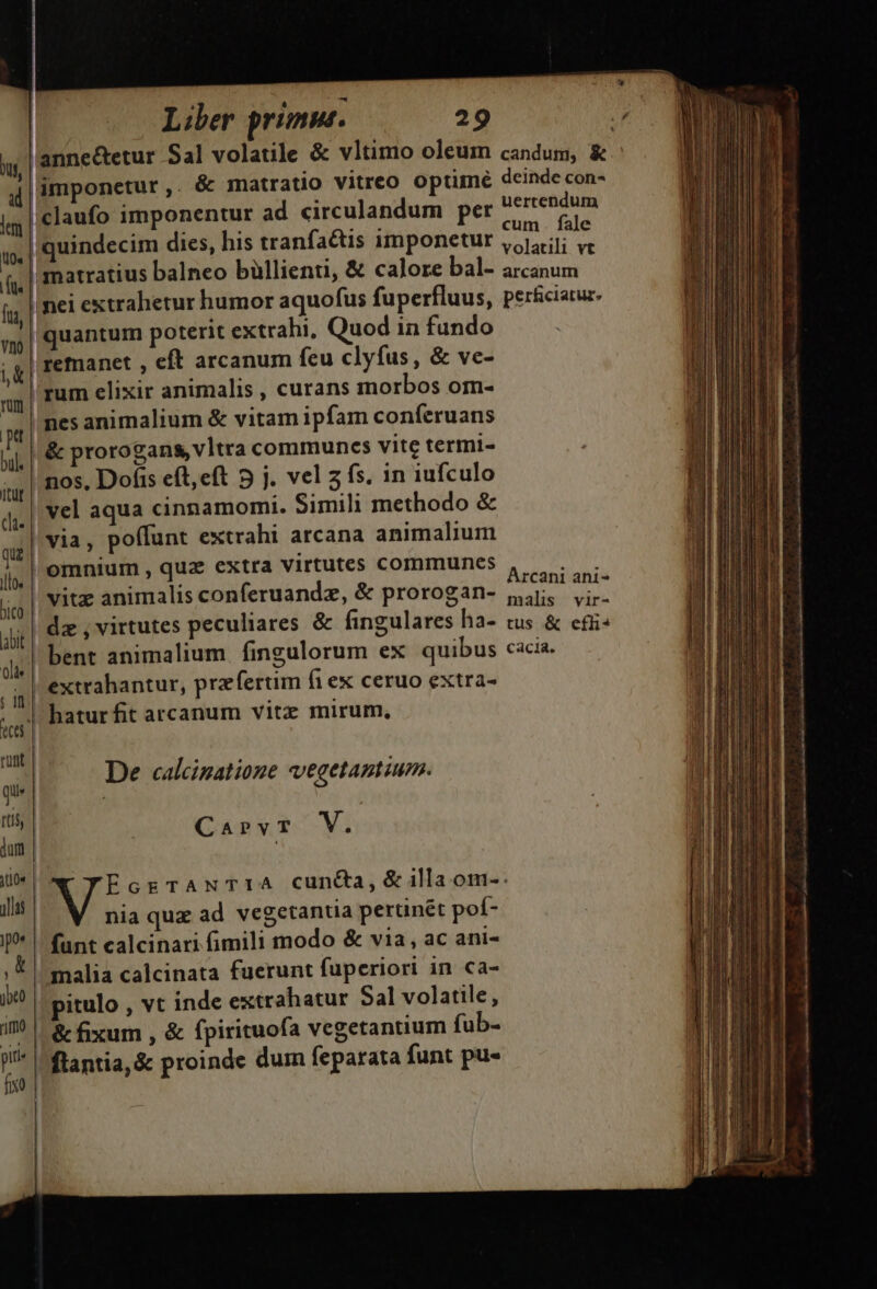 lannectetur Sal volatile &amp; vltimo oleum candum, &amp; U, |i . , A k E imponetur,. &amp; matratio vitreo opumé deinde con- d | : !claufo imponentur ad circulandum per uertendum m P P cum . fale t». | quindecim dies, his tranfa&amp;tis imponetur yo]; ve fd /matratius balneo büllienti, &amp; calore bal- arcanum ft |nei extrahetur humor aquofus fuperfluus, perficiatur. m | quantum poterit extrahi, Quod in fundo : ,g| remanet , eft arcanum feu clyfus, &amp; ve- qg| Tum elixir animalis , curans inorbos orm- M | nes animalium &amp; vitam ipfam conferuans MEL prorogans, vltra communcs vite termi- j| nos. Dofis eft, eft 9 j. vel 5 fs. in iufculo  vel aqua cinnamomt. Simili methodo &amp; i| via , poffunt extrahi arcana animalium j| omnium , quz extra virtutes communes ju 1 ani ji, |, Vit animalis conferuandz, &amp; prorogan- nili; vir. ait dz , virtutes peculiares &amp; fingulares ha- tus &amp; efüi^ m bent animalium fingulorum ex quibus cacia. il extrahantur, praefertim fi ex ceruo extra- *. hatur fit arcanum vitz mirum, runt | SET, : | De calcipatione vegetamtium. CarvrT V. EcgTANTIA cun&amp;a, &amp; illa om-. | nia que ad vegetantia perunet poí- I | funt calcinari fimili modo &amp; via, ac ani- t | malia calcinata fuerunt fuperiori in ca- 9! | pitulo , vt inde extrahatur Sal volatile, im | &amp; xum , &amp; fpirituofa vegetantium fub- flantia,&amp; proinde dum feparata funt pu- El e^ € c