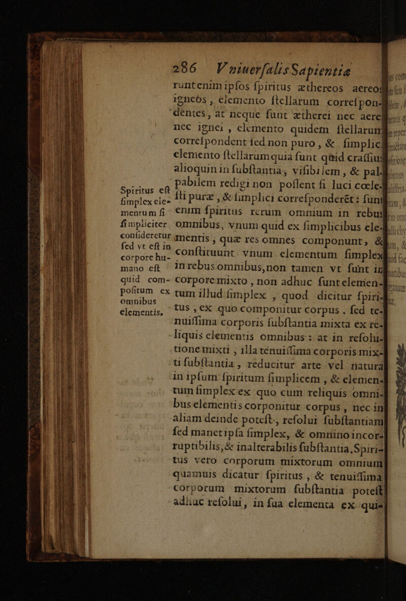 296 Vniuer[alisSaptentia runtenimipíos fpiritus zthereos aereo; igncós , elemento ftcllarum correípon- dentes , at ncque funt ztherei nec aere ncc ignei, elemento quidem Íítellaruim ' mien d a. Dem , : yn: q nep Spiritus eft coníideretur fed vt eft in continu vnum elementum fimple omnibus liquis elementis omnibus : at in. refoli- in ipfum fpiritum fimplicem , &amp; elemen- tum fimplex ex quo cum reliquis omni-