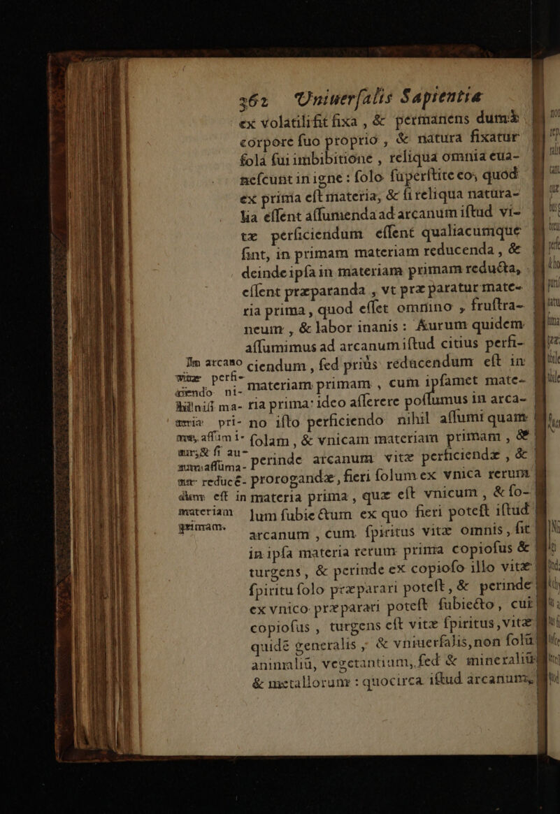 ex volatilifit fixa , &amp; permanens dum corpore fuo proprio , &amp; natura fixatur folá fui imbibitione , reliqua omnia eua- nefcunt in igne : folo füperftite eo; quod ex prinia eft materia, &amp; fireliqua natura- lia effent a(fumendaad arcanum iftud. vi- tx perficiendum effent qualiacumque fint, in primam materiam reducenda , &amp; | deinde ipía in materiam primam reducta, | effent przparanda , vt prz paratur mate-. | ria prima , quod effet omrino , fruftra- neum , &amp; labor inanis: Áurum quidem | affumimus ad arcanum iftud citius perfi- | ea puey ciendum ; fed prius redacendum eft in | Wendo gi. HAteriam primam , cum bino mate- | hillni ma- tia prima: idco afferere poflumus 1n arca- | ms S aU- Perinde arcanum vitz perficienda , &amp; ax reducé- prorogandz, fieri folum ex vnica rerum. f dum: eff in materia prima , qua: eft vnicum , &amp; ífo- f ri iam ]um fubie&amp;um ex quo fieri poteft iftud gumam* — arcanum , cum. fpiritus vitz omnis , fit | inipía materia rerum primm copiofus &amp; turgens, &amp; perinde eX copiofo illo vitz] fpiritu folo preparart poteft, &amp; perinde gri ex vnico prz parari poteft fubie&amp;to, cur gj; copiofus , turgens cit vitx fpiritus vitz | Iti quidé generalis ; &amp; vniuerfalis,non folu gj aninmliü, vegctantium, fed &amp; mineraliüi &amp; metallorum: : quocirca. iftud arcanum, Mihi