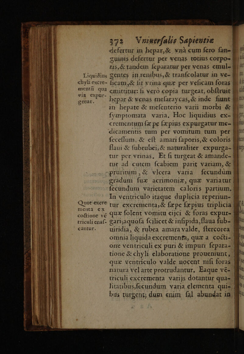 —————— ÁO Rd defertur in hepar, &amp; wnà cum fero fane.  £uins defertur per venas totius corpoe :  zis,&amp; tandem ícparatur per venas emul-| ; d mentü qua via Cxpüut- getut. menta ex co&amp;ione vé cantlir, emittitur: f. vero copia turgeat, obfiruit | (in hepar &amp; venas mefaraycas, &amp; inde fiunt | E in hepate &amp; mefenterio vari morbi &amp; |] fymptomata varia, Hoc liquidius ex- B crementum fa pe fx pius expurgatur me- à dicamentis tum per vomitum, tum per | $i feceflum, &amp; eft amari faporis, &amp; coloris ito flaui &amp; fubrubei, &amp; naturaliter. expurga- ] tur per vrinas, Et fi turgeat &amp; amande- ] tur ad cutem fcabiem parit variam, &amp; | sprurirum, &amp; vlcera vana fecundum | 2ràdum fux acrimoniz, quz variatur RUNE UE varietatem caloris partium. In ventriculo itaque duplicia reperiun-- — quz folent vomitu eijci &amp; foras expur- uiridia, &amp; rubea amara valde, ftercorea omnia liquida excremenfa, qux a cocti- one ventriculi ex puri &amp; impuri fepara- tione &amp; chyli elaboratuone proueniunt, que ventriculo valde nocent nifi foras natura velarte protrudantur, Eaque ve- triculi excrementa varijs dotantur qua- litaübus,fecundum varia elementa qui- bus turgent; dum enim fal abundat in —————— — F EA T2 E — Ü AMANTE TEE TIE E RETE e