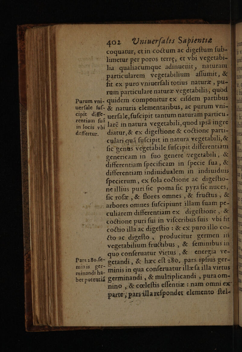 coquatur, etin coctum ac digeftum fubs. limetur per poros terre, et vbi vegetabi- | la qualiacumque adinuenit, naturam M. particularem vegetabilium affumit, &amp; B... fit ex puro vniuerfali totius natur , pus B. rum particulare natur vegetabilis; quod | | Purum vni- quidem componitur ex eifdem partibus B... uerfale fuf- &amp; naturis clementaribus, ac purum vni- 8 | cipit diffe- uer (le. fufcipit tantum naturam párticu . M rentiam fuà n P y EAE | in locis yp; laf in natura vegetabili,quod ipsa ingre | defertur. diatur,&amp; ex digeftione &amp; coctione parti- | culari quà fufcipit 1n natura vegetabili,&amp; f fic cenus vegetabile fufcipit differentiam M genericam in. fuo genere vegetabili, óc M differentiam fpecificam 1n pecie fua, B differentiam indiuidualem in indiuiduis ] fpecierum , ex fola coctione ac digeftio- M - neillius purific poma fic pyra fic nuces, | ; fic rofie , &amp; flores omnes , &amp; fructus , &amp; Jg atbores omnes fufcipiunt illam fuam pe- | culiárem differentiam ex | digeftione , &amp; ! co&amp;ione puri fui in viíceribusfuis vbi fit lg co&amp;tio illa ac digeflio : &amp; ex puro illo co- a &amp;o:ac digeftlo , producitur germen in M vegetabilium fructibus , &amp; feminibus in: gf uo conferuatur Virtus ,&amp; energia ve- | appen getandi , &amp; hzc eft 280, pars-ipfrus ger- | minandiha- Ininisin qua conferuatnr illzefa illa virtus q bet potentiá germinandi ,&amp; multiplicandi ,puraom- E nino ,'&amp; cocleftis effentiz : nam omni ex' a parte; parsillaxefpondet elemento ftel« B emt — tia I t Mtn enisi hn tpe e Pars 280.fe- qu ÓÓ à € . dw gia M c —M——À | - uen E CGU ER