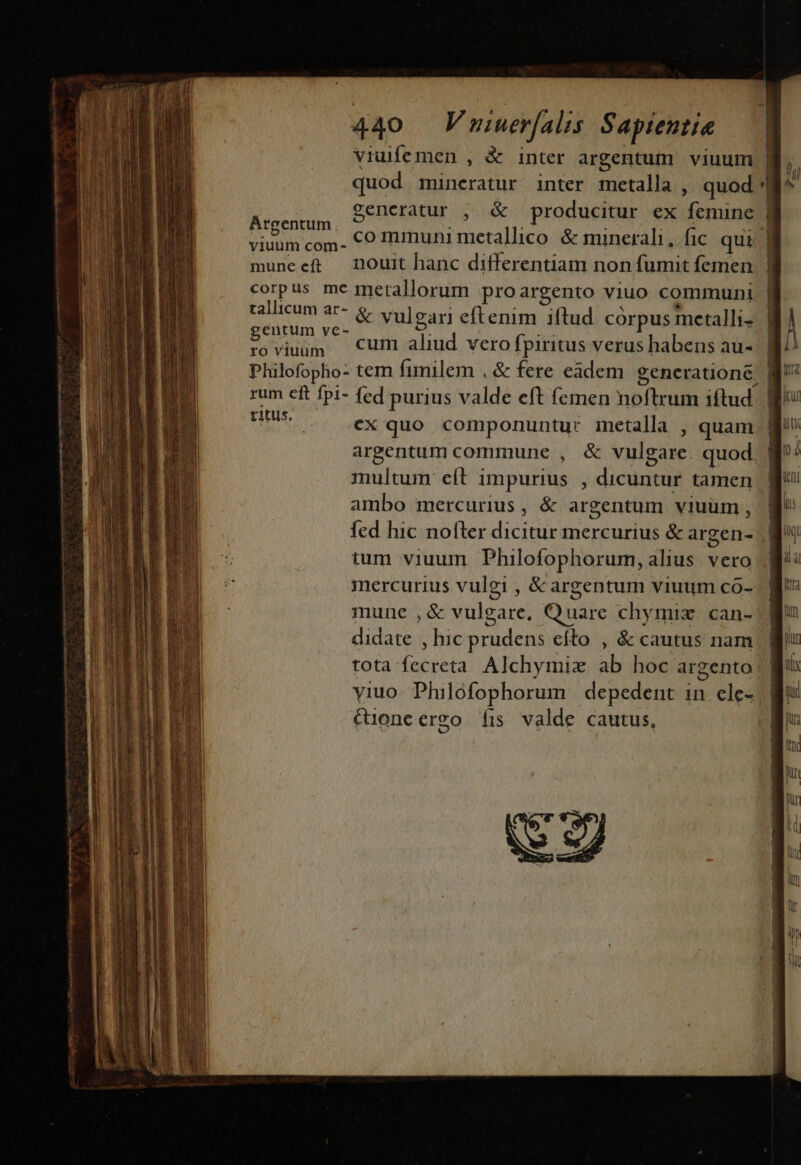 viuifemen , &amp; inter argentum viuum | quod mineratur inter metalla , quod * Eon generatur , &amp; producitur ex femine Mm Lo communimcetallico &amp; minerali, fic. qui muneeft nouit hanc differentiam non fumit femen corpus me metallorum pro argento viuo communi tallicum ar- $ vulgari eftenim iftud corpus metalli- gentum ye- ————— ÁREA cx quo componuntur metalla , quam argentum commune , &amp; vulgare. quod. ! multum eft impurius , dicuntur tamen ambo mercurius, &amp; argentum viuum, | fed hic nofter dicitur mercurius &amp; argen- i tum viuum Philofophorum, alius vero mercurius vulei , &amp; argentum viuum co- mune ,&amp; vulgare, Quare chymix can- didate , hic prudens efto , &amp; cautus nam tota fecreta Alchymiz ab hoc argento yiuo- Philofophorum | depedent in. ele- &amp;uoneergo íi valde cautus, SD, emit temet ein tnt eie UI ROC. nnm