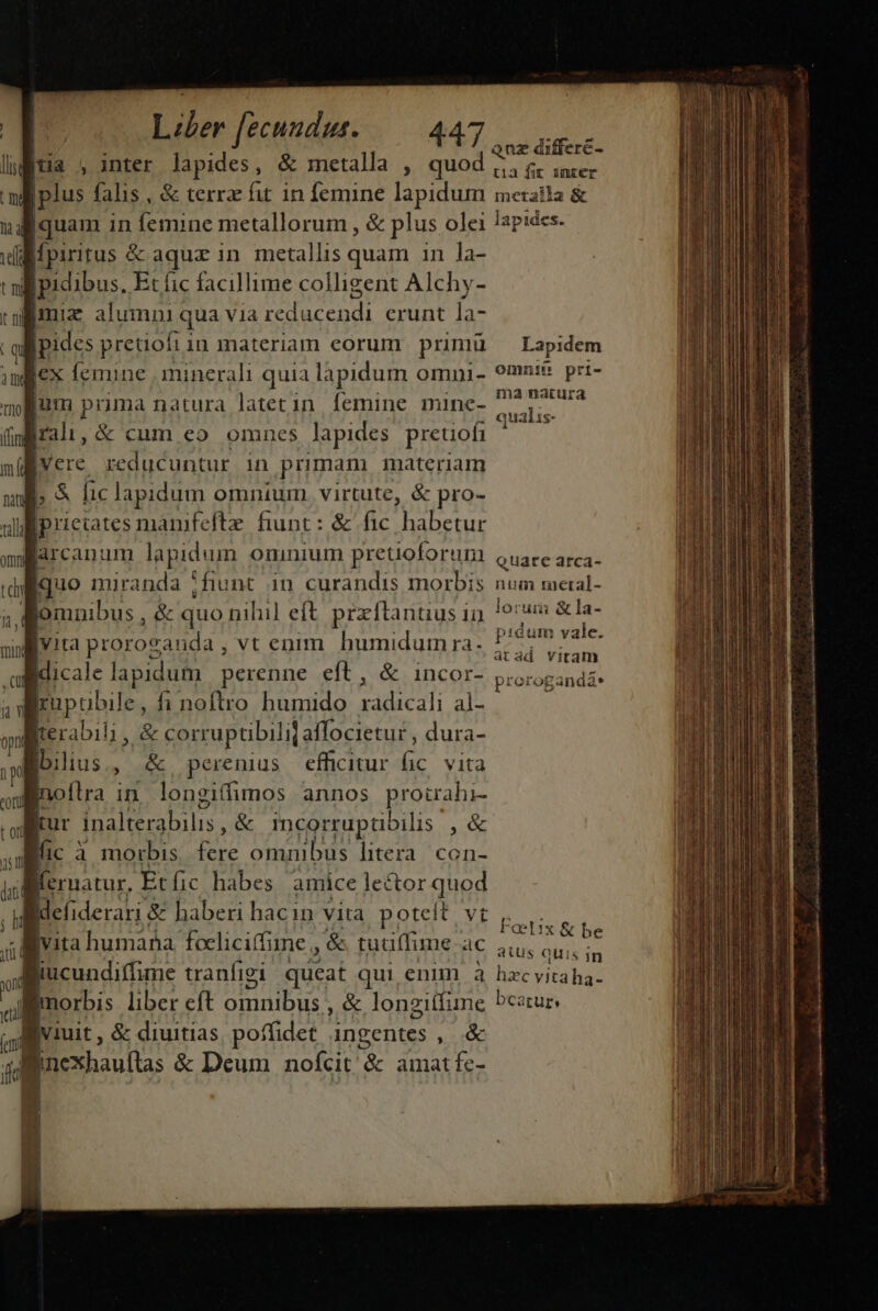 [lii Itia ,Anter lapides, &amp; metalla , quod mi |plus falis , &amp; terra fit in femine lapidum ud quam in femine metallorum, &amp; plus olei wdlfpiritus &amp; aquz in metallis quam in la- t ni ipidibus, Et fic facillime colligent Alchy- omia Anm qua Via dine crunt la- iq [pides pretiofi in materiam eorum primü mex femine |, minerali quia lapidum omni- mium prima natura latetin. femine mine- filiral:u, &amp; cum eo. omnes lapides preuofi | Vere reducuntur in primam materiam ; &amp; lic lapidum omnium. virtute, &amp; pro- li 3E c fiunt: &amp; fic habetur millarcanum lapidum omnium pretioforum dique miranda ;fiunt in curandis morbis * mnibus , &amp; quo nibil eft przftanuus in ud Bvia prorozauda , vt enim humidum ra: agieicale lapidum perenne eft, &amp; incor- Jupubile, fi noftro bumido oueili aj: literabili ,. &amp; corruptibili(affocietur , dura- fibilius., &amp;. peremus effcitur ic. vita i bons in puppe annos proirahi- ulitur inalterabilis , &amp; incorruptibilis ,&amp;  fic 3 morbis fere omnibus litera. con-  lernatur, Etfic habes amice lector quod Md | lefiderari &amp; haberi hacin vita poteit vt i vita humana foeliciffime , &amp; tuuffime ac . iucundiffume tranfigi queat qui enim à i imorbis liber eft omnibus , &amp; longiffune  jvuit , &amp; diuitias, poffidet ingentes , .&amp; D neshaufls &amp; Deum nofcit'&amp; amatfc- tia fit imcer metalla &amp; lapides. Lapidem omni prt- ma natura qualis- QUare arca- num raetral- lorum &amp;la- pidum vale. atadá viram proroganda: Faetis X &amp; b e ailis quis in hzc vitaha- bcarum LL iam til qt om tae t Rr RR S i Fu D