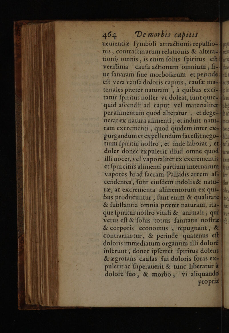 ueuienti: fymboli attraétionis repulfios Bio nis , contraCturarum relationis &amp; alteras ixi uonis omnis , is enim folus fpiritus eft Ju verilfiria caufa a£tiomum oinnium , fi- | L uc fanaram fiue morbofarum et perindi jt eft vera caufa doloris capitis , caufz mas Wr teriales preter naturam , à quibus excis E tatur fpiritus nofter vt doltdt, funt quice fius quid afcendit ad caput vel materialiter fi: per alimentum quod alteratur , et deges TI neratex natufa alimenti, etinduit natud hon ram excrement , quod quidem i inter ex fro: purgandum et expellendum faceffit negos [iti tium fpiritui noftro , et inde laborat , etli«fi dolet donec expulerit illud omne quod fu illi nocet, vel vaporaliter ex excrementi$ fno ct fpurcitiis alimenti partium internarunt| bii vapores hiad facram Palladis arcem afe lint cendentes , fuht eiufdem indolis &amp; natu [f rz,ac excrementa: alimentorum ex quie fua bus producuntur , funt enim &amp; qualitate | iba &amp; fubftantia omnia prxter naturam, itas jut que fpiritui noflro vital &amp; animali , qui |: verus eft &amp; folus totius fanitatis noftraedii &amp; corperis economus , repugnant, &amp; | contrariantur, &amp; perinde quatenus eft] doloris Pina ih organum illi dolor&amp;] inferunt ; donec ipfemet fpiritus dolens] &amp;esrotahs caufas fui doloris foras exe pulerit 4c fupezauerit &amp; tunc liberatur à] dolore fuo, &amp; morbo; vi aliquando 1 propria |