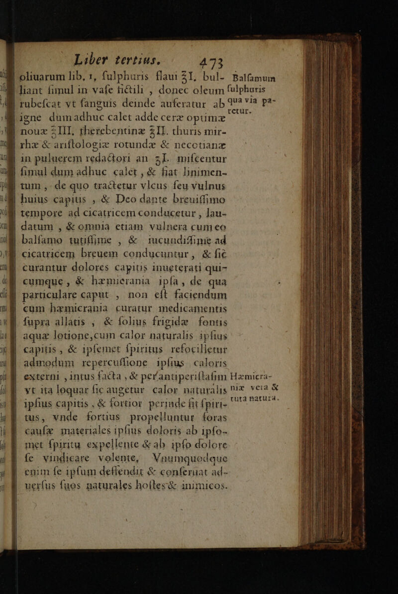 J oliuarum lib, :, fulphuris flaui 2I, bul- Balfamum liant fimul in vafe ti&amp;tili , donec oleum fulphuris rubefcar vt fanguis deinde auferatur. ab in V T ur. tempore ad cicatricem conducetur , lau- datum , &amp; omnia etiam vulnera cum eo curantur dolores capitis inueterati qui- cumque , &amp; hzmuerania. ipfa , de qua cum haamicrania curatur medicamentis fupra allaus , &amp; folus frigide | fontis aqua lotione,cum calor RP uo ipfius capius , &amp; 1pfemet Ípiritus refocilletur admodum repercuffione ipfius caloris externi , intus facta , &amp; peranuperiftatim Hamicra- yt 1ta loquar fic augetur calor naturalis i VER N ipfius capitis , &amp; fortior seul hit Ípiri- code grin tus, vnde foruus propelluntur foras WEN materiales ipfius doloris ab ipfo- met fpiritu. expellente &amp; ab. ipfo dolore íe vindicare. volente, Vnumquodque enim fe ipfum defendit &amp; confernat ad- uerfus fuos naturales hoíles&amp; inimicos.