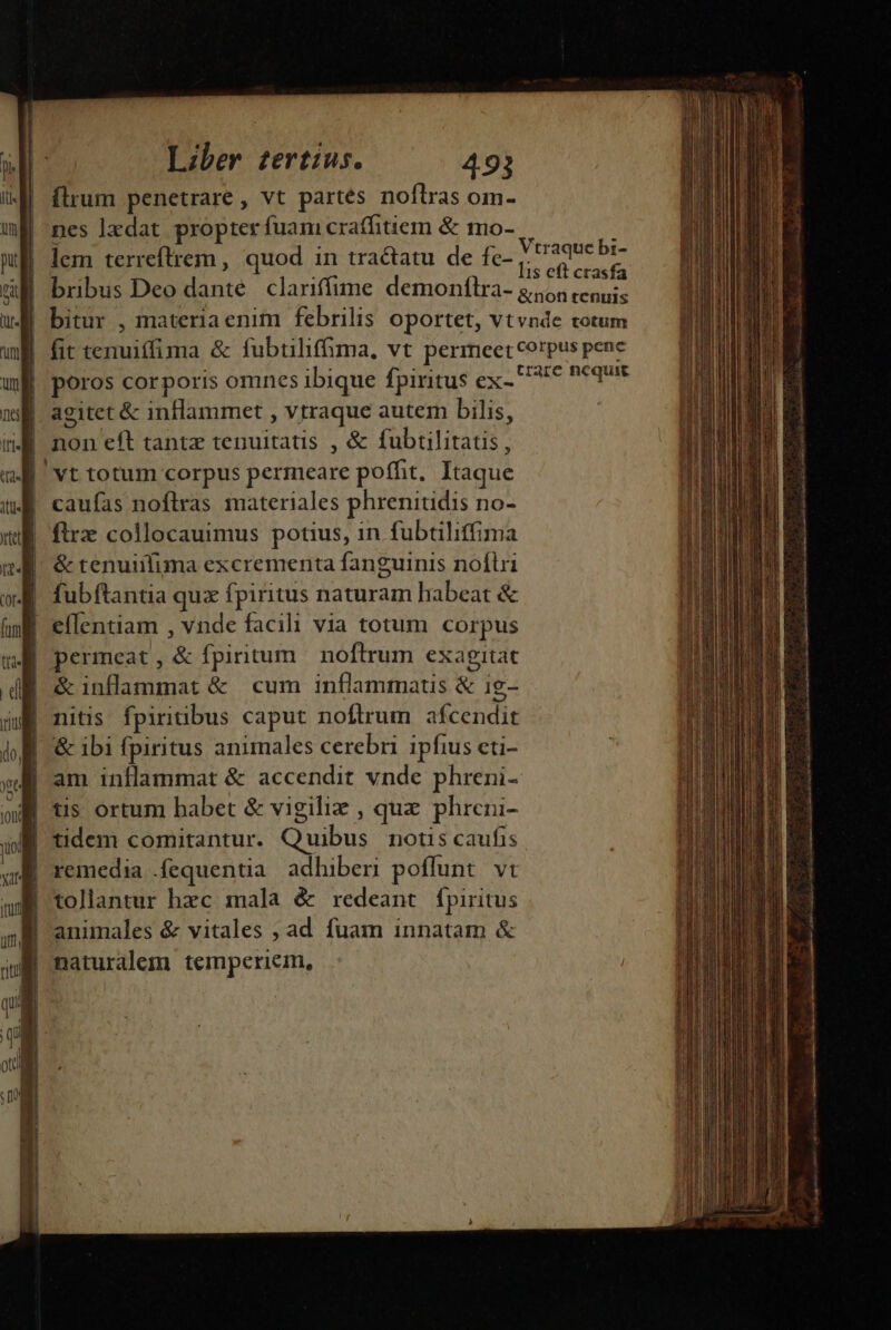 ílrum penetrare, vt partes noftras om- nes lxdat. propter fuam craffitiem &amp; mo-.. : lem terreftrem, quod in tractatu de Lope bribus Deo dante. clariffime demonflra- &amp; 58 (enu; uM bitur , materiaenim febrilis oportet, vtvnde totum | fit tenuiffima &amp; fubtiliffima, vt permeet corpus pene poros corporis omnes ibique fpiritus ex- € ^60 agitet &amp; inflammet , vtraque autem bilis, non eft tantz tenuitatis , &amp; fubtilitatis , 'vt totum corpus permeare poffit, Itaque caufas noflras materiales phreniudis no- fir collocauimus potius, in fubtiliffima &amp; tenuiilima excrementa fanguinis noflri | fubftantia qux fpiritus naturam habeat &amp; | effentiam , vnde facili via totum corpus permeat, &amp; fpiritum noftrum exagitat &amp; inflammat &amp; cum inflammats &amp; ig- nitis. fpiritibus caput noftrum afcendit &amp; ibi fpiritus animales cerebri ipfius eti- am inflammat &amp; accendit vnde phreni- | tis ortum habet &amp; vigilie , qux phreni- B tidem comitantur. Quibus notis caufis remedia .fequentia adhiberi poffunt. vt tollantur hzc mala &amp; redeant fpiritus animales &amp; vitales , ad fuam innatam &amp; EB naturalem temperiem, PUCTREANENTURVIEUIE T rio NER NEC ——————— BnüóüÓ X Éád i rite e s AB aua c c taie rd o vM NI ————À dat Lu Sida a ci n iid QN ti ILLIMCD GERE Ls sail aestu lid tci atc aci rn dA NE a. um