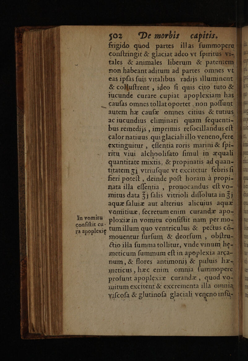 Yn vomitu confiftit cu- $o2 *De morbis capitis. frigido quod partes illas fummopera | conftringit &amp; glaciat adeo vt fpiritus vis | tales &amp; ampie liberum &amp; patentem | non habeantaditum ad partes omnes vt | &amp; colluftrent , ideo fi quis cito tuto &amp; | iucunde curare cupiat apoplexiam has ] . caufas omnes tollatoportet , non poffunt. | autem hx caufz omnes citius &amp; tutius | ritu viui alchoolifato fimul in zquali | quantitate mixtis, &amp; propinatis ad quan- | titatem 7j vtriufque vt excitetur. febrisfi | fieri poteft , deinde poft horam à propi- - nata illa iles , prouocandus eft vo- | mitus data £j falis vitrioli diíIoluta in$j aquz faluiz aut alterius alicuius aqua. vonitiuz, fecretum enim curandz apos] ploxiz in vomitu confiftit nam per mos | tum illum quo ventriculus &amp; pectus có- | mouentur furfum &amp; deorfum , obftru- &amp;io illa fumma tollitur, vnde vinum he- meticum fummum eftin apoplexia arca- num, &amp; flores antimonij &amp; puluis hz xneticus , hxc enim. omnia fummopere profunt apoplexie curandz , quod vo- xuitum excitent &amp; excrementa illa omnia; Yifcofa &amp; glutinofa glaciali veneno infüs