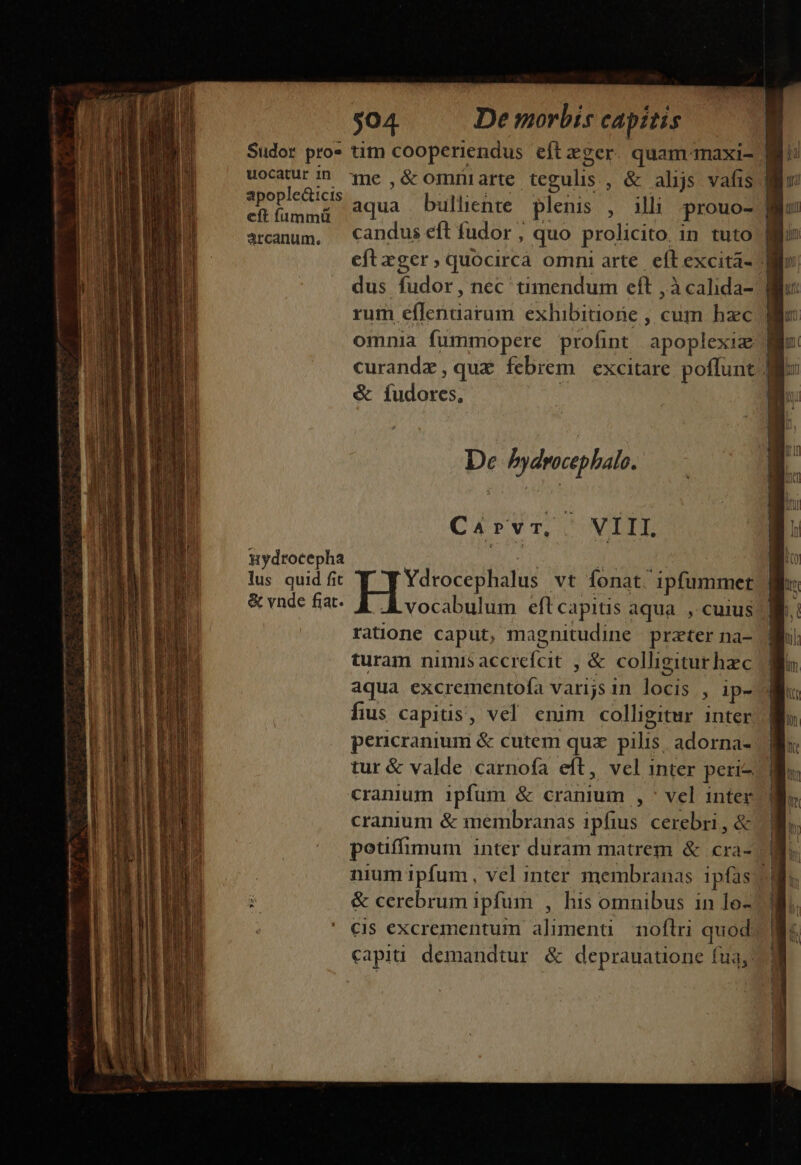 Sudor pro» uocatur 1n apople&amp;icis eft fümmü arcanum. Wydrocepha lus quid fit &amp; vnde fiat. $04 De morbis capitis dus fudor, nec timendum eft , à calida- rum eflendarum exhibitione , cum hzc omnia fummopere profint apoplexiz &amp; fudores, Cirvzr, VILTT Ydrocephalus vt fonat ipfummet A vocabulum efl capitis aqua. , cuius ratione caput, magnitudine przter na- turam nimisaccrefcit , &amp; colligitur hzc . EUR. umen. esq rr WR 7 ZR RIT T fius capitis, vel enim colligitur inter pericraniumi &amp; cutem quz. pilis. adorna- tur &amp; valde carnofa eft, vel inter peri cranium ipfum &amp; cranium , ' vel inter cranium &amp; membranas ipfius cerebri, &amp; potiffimum inter duram matrem &amp; cra- &amp; cerebrum ipfum , his omnibus in lo- capiti demandtur &amp; deprauatione fua;