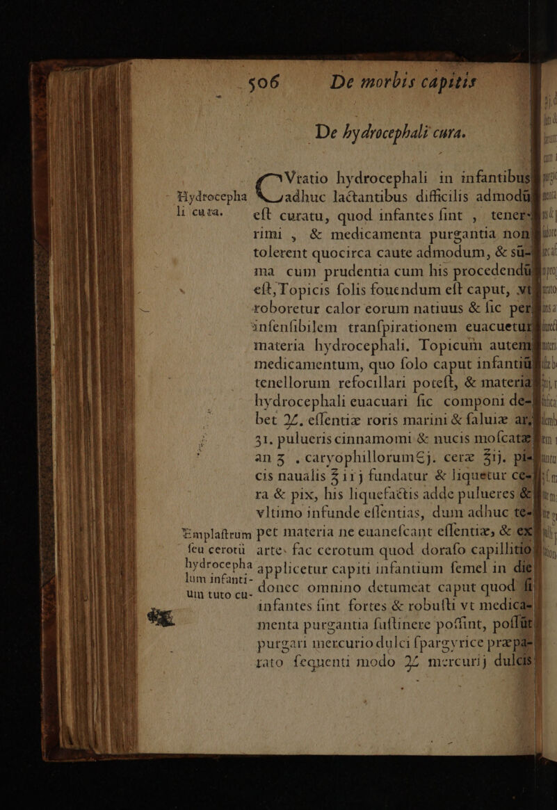 De HyATE Cp cura. Vtatio hydrocephali in in fantibii Hydrocepha X ;adhuc la&amp;antibus difficilis admodüj h cusa. — eft curatu, quod infantes fint , tener Ii rimi , &amp; medicamenta purgantia nongi tolerent quocirca caute admodum, &amp; sü-| ma cuni prudentia cum his procedendi po eft, Topicis folis fouendum eft caput, vtllu: roboretur calor eorum natimb e le per snfenfibilem tranfpiranonem euacuetug materia hydrocephali. Topicum autempi: medicamentum, quo folo caput infantiüfi: tenellorum refocillari poteft, &amp; materialis: hydrocephali euacuari fic. componi de2g: bet 2 27. effentiz roris marini &amp; faluie aj ir pulueris cinnamomi &amp; nucis mofcatarl | ana .cary [BD IPS cerz 31j. pisluu cis naualis irj fundatur &amp; liquetur ces ra &amp; pix, his liquefaétis adde pulueres &amp;| vltimo infunde effentias, dum adhuc tezle. Emplaftrum pet materia ne euanefcant effenuz, &amp; exi t feu cerotü. arte: fac cerotum quod dorafo capillitio f: p VW applicetur capiti infanuum femel in dieg um tuto cy. &amp;9i€C€ omnino detumeat caput quod n infantes fint. fortes &amp; robu(li vt medicas] |. menta purgantia fuftnere poffint, poífüt. ' 1 i? urgari mercurio dulci fpargv rice pr E j I | rato. fequena. modo s m:rcurij dulcis! | i |