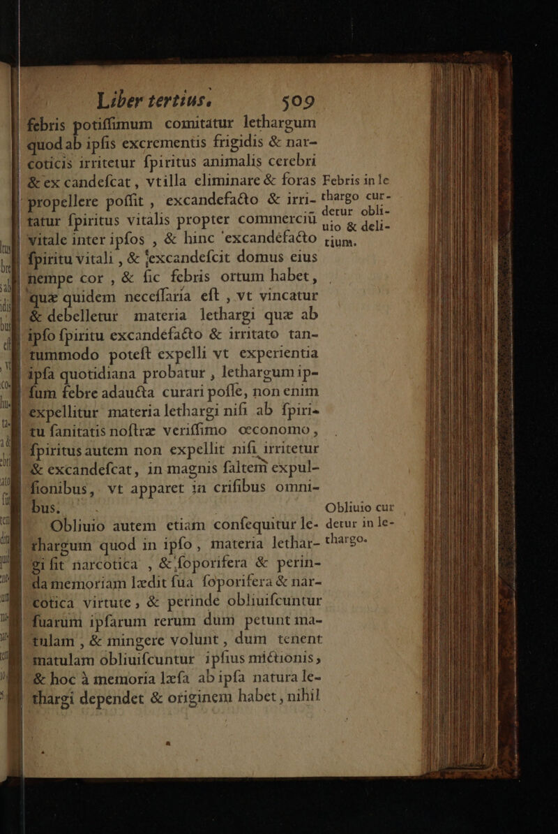 febris potiffimum comitatur lethargum | quodab ipfis excrementis frigidis &amp; nar- | coticis irritetur fpiritus animalis cerebri ! &amp; ex candefcat, vtilla eliminare &amp; foras | tatur fpiritus vitalis propter commerciü | vitale inter ipfos , &amp; hinc 'excandefacto | fpiritu vitali , &amp; jexcandefcit domus eius | nempe cor , &amp; fic febris ortum habet, B qux quidem neceffaria eft , vt vincatur | &amp; debelletur materia lethargi quz ab | ipfo fpiritu excandefacto &amp; irritato tan- B tummodo poteft expelli vt experientia [ipfa quotidiana probatur , lethargumip- Bi fum febre adaucta curari pofle, non enim B expellitur materia lethargi nif ab fpiri- tu fanitatis noftrz veriffimo | oeconomo , | fpiritus autem non expellit nifi irritetur |. &amp; excandefcat, in magnis faltem expul- i | fionibus,. vt apparet ia crifibus omni- ' bus. | | Obliuio autem etiam coníequitur le- M matulam obliuifcuntur ipfius mictionis ; EM $- hoc à memoria lzía ab ipfa natura le- IM thargi dependet &amp; originem habet , nihi! Febris 1n le uio &amp; deli- tium.