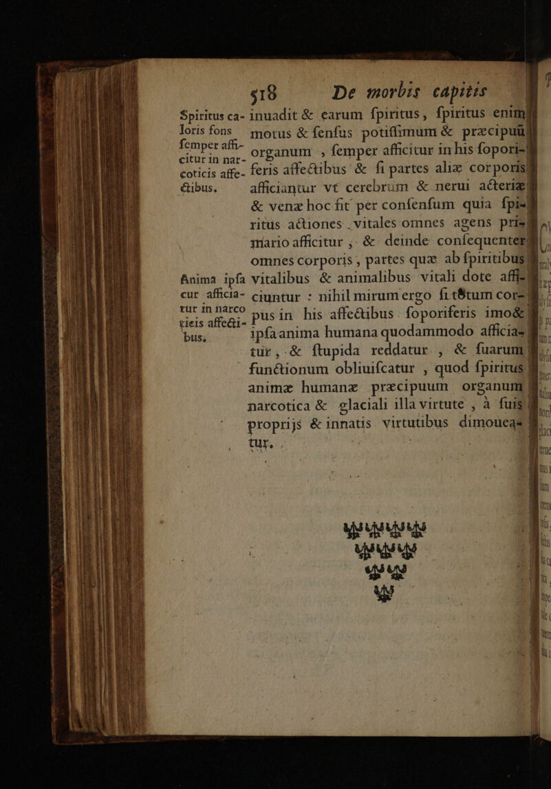 mmt etr M PP Spiritus ca- inuadit &amp; earum fpiritus, fpiritus enim| | lorisfons motus &amp; fenfus potiffimum &amp; pricipuü| coticis affe- feris affe&amp;ibus &amp; fi partes alix. corporis) j &amp;ibus. afficiantur v€ cerebrum &amp; nerui. acteri &amp; venz hoc fit per confenfum quia fpi- d ritüs actiones , vitales omnes agens prisj 1rario afficitur ;. &amp; deinde prese omnes corporis , partes quz ab e i Anima ipfa vitalibus &amp; animalibus vitali dote affi cur afficia- cuntur : nihil mirumergo fitBtum corz| Fi iicuii pusin his affe&amp;ibus | foporiferis imo&amp;! un ipfaanima humana quodammodo afficias | tur,.&amp; flupida reddatur , &amp; fuarum functionum obliuifcatur , quod fpiritus | narcotica &amp; glaciali illa virtute , à fuis; proprijs &amp; innatis virtutibus dimoueas |