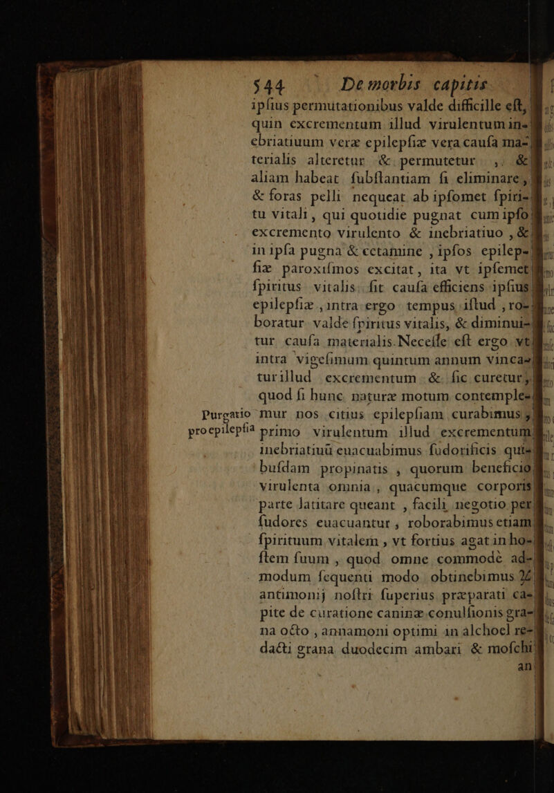 ipfius permutationibus valde difficile eft! quin excrementum illud. virulentum in«| ebriatiuum verz epilepfiz vera caufa maz| terlalis alteretar &amp;.permutetur |. &amp;| aliam habeat. fubflantiam fi. eliminare, | &amp; foras pelli nequeat ab ipfomet fpin-] tu vitali, qui quotidie pugnat cum ipfo| C ereiichta virulento &amp; inebriatiuo , &amp;| in ipfa pugna &amp; cctamine , ipfos epilepa] fie paroxifmos excitat, ita vt ipfe fpiritus. vitalis; fit cauía efficiens ipfius M. epilepfiz , intra. ergo tempus iftud , ro- M. boratur. valde fpiritus vitalis, &amp; diminum tur caufa materialis. Neceíle eft ergo vtl intra vigefimum quintum annum vincas| tur illud. excrementum - &amp;- fic curetur y) quod fi hunc. naturx motum cope Purgmio mur nos citius epilepfiam curabimus j| proepilepfi primo virulentum | illud excrementum) inebriatiuü euacuabimus fudorificis quisi bufdam propinatis , quorum beneficio) b virulenta omnia, quacumque corporis! parte Jattare queant. , facili negotio per) 1 fudores euacuantur , xoborabimus etiam) i - fpirituum vitalem , vt fortius agat in ho-| ftem fuum , quod. omne commodé ad-| modum fequenti modo obtinebimus UA antimonij noftri fuperius praparati ca- f. pite de curatione caninz.conulfionis gra- d. nà octo , annamoni optimi 1n alcbbcl, re-| da&amp;ti grana duodecim ambari. &amp; mofchi] an