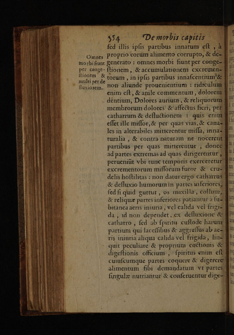 fed illis ipfis partibus innatum eft , à | Omnes Proprio eorum alimerto corrupto, &amp; de- f fo:bifiunc generato : omnes morbi funt per conge- f per conge- ftionem , &amp;accumulationens cxcretmen- f nde / * torum , in ipfis partibus innafcentium/&amp; | üuxioxem, BOm aliunde prouenientium : ridzculum| enim eft, &amp; anile commentum , dolorenz f dentium, Dolores aurium , &amp; reliquorum B membrorum dolores! &amp; affectus fieri; pez WM catharrum &amp; deflucionem : quis enim. effet ille miffor,&amp; per quas vias, &amp; camaz; les in alterabiles mitterentur mifÍa, innas? turalia , &amp; contra naturam ne nocerent M. partibus per quas mitterentur , donec Bf ad partes extremas ad quas dirigerentur , perueniüt vbi tunc temporis exerceretur excrementorum mifforum furor &amp; crus delis hoftilitas : non daturergo: catharrus &amp; defluxio humorum ín. partes inferiores; | fed fi quid. guttur , os maxilla , collum, 3 &amp; reliqua partes inferiores patiantur à fuz] bitanea aeris iniuria , vel calida vel frigiz da , 1d non dependet, cx defluxione &amp; B^ catharro , fed ab fpiritu. cuftoede harunr | partium qui laceffibus &amp; aggrellus ab ae2 B1 ris iniuria aliqua calida vel frigida, hin f quit peculiare &amp; proprium coctienis &amp; | digeftionis officium. , fpiritus enim eft M cuiufcumque partes coquere &amp; digerere 8f alimentum fibi demandatum vt partes] finguli nutriattur. &amp; conferuentur dige- 8. J ul