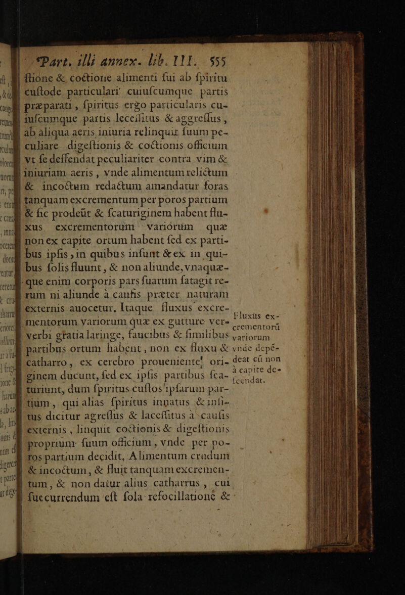 |^ Part, illi annex. lib. 111... $55 | fone &amp; co&amp;tioue alimenti fui ab fpiritu cuftode particular cuiufcumque | partis preparati , fpiritus ergo parücularis cu- bus ipfis in quibus infunt &amp;ex in qui- Fluxüs ex- mentorum variorum qux ex gutture ver» E : 1 : : ! C (d crementoru verbi gtatia laringe, faucibus &amp; fimilibus variorum ícendat. altas a ctii ts tci rti iti ie o ACA ELS vnda Audi aec ao B de ah v d C Rs a MURDAQOUSNPONIMEUE M T M E EESBNÉ acie s agar ci idiot y