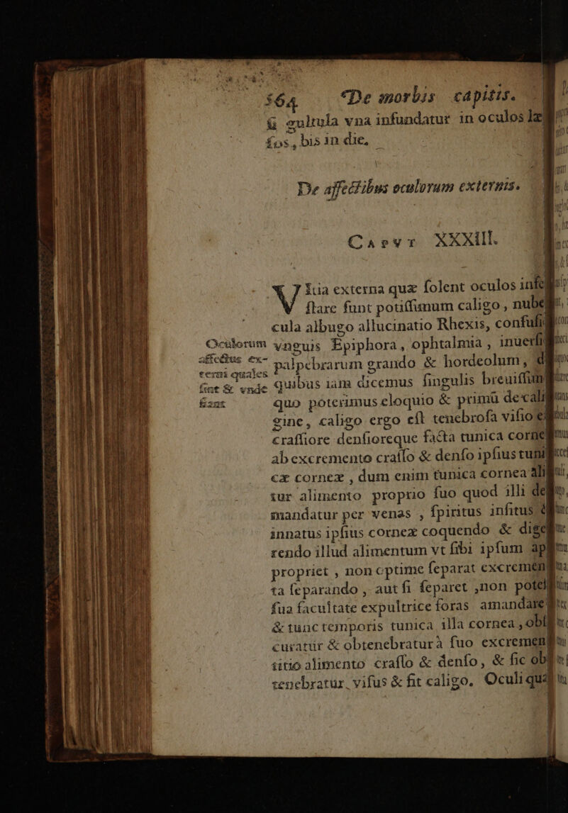 $64 . 'De morbis capitu. &amp; czultula vna infundatur in oculos Iz fos,bisin due, | | | | De affecfibus oculorum externis. Caos XXXUl MEL,  M il |] fua externa qua folent oculos infe; b»: flare funt potiffunum caligo, nube 35 Man | cula albugo allucinatio Rhexis, confufigio B EU Pose vnguis Epiphora, ophtalmia , inuerfr | rnb da dod palpebrarum erando &amp; hordeolum , dig | Got &amp; ende Quibus iam dicemus fingulis breuiffimgi Ézgt quo poterimus eloquio &amp; primü decalig eine, caligo ergo cíl tenebrofa vifio ego! craffiore denfioreque facta tunica cornegm ab excremento craífo &amp; denfo ipfius tuni cx cornex , dum enim tunica cornea aliu: ;:ur alimento propuo fuo quod illi dedo sandatur per venas , fpiritus infitus. diu innatus ipfius cornex coquendo &amp; dige rendo illud alimentum vt fibi ipfum ape propriet , non cptime feparat excremen 1a leparando ,' aut fi feparet ,non potelf fua facultate expultrice foras amandalteg &amp; nuncremporis tunica illa cornea oblig curatur &amp; obtenebraturà fuo. excremenBu sitio alimento craffo &amp; denfo, &amp; fic obit tenebratur, vifus &amp; fit caligo. Oculi qua t |. | | E |