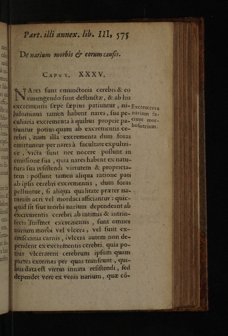 De parium. torbis c eorum caufis. (CaPyT, XXXV. Cr Ares funt emunctoria. cerebri &amp; eo I : L| : : | X. X emungendo funt defünétz, &amp; ab his |excreinentis fepe fepius patiuntur , di- Excreg; ib i oe. Lac hee d cnta | emittuntur per naresà facultate expultri- |ce , victa funt nec nocere poflunt 1n | emiifione fua , quia nares habent ex natu- tura faa refiftendi virtutem. &amp; proprieta- | tem : poffunt tamen aliqua ratione pati Lab ipfis cerebri excremenus , duin foras pelluntur, fi aliqua. qualitate prxter na- | türam acri vel fnordaciafficiantur : quic- | qnid fit fiue morbi narium dependeant ab |éxcrementis cerebri ab intitnis &amp; intrin- | fecis fuifmet excremenüs , funt omnes | büsdataeft virtus innata refiftendi , fed I| dependet vere ex venis narium, quz có- iidowe coi Cni in i iiti iR AT. a v RE Le ie M a iiim c i v e adi T MiseaceiE bei do B de RÀ, A a AR tato Dti aire e Rn —— died