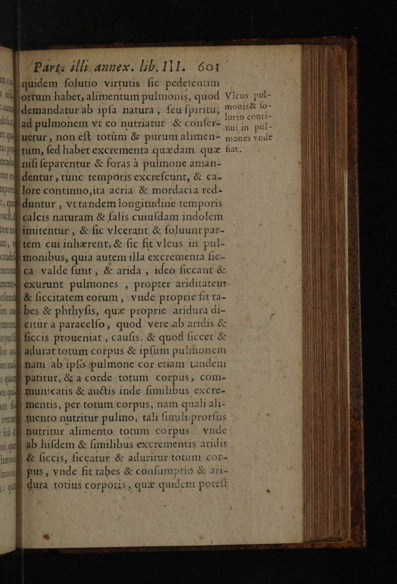 quidem foluuo virtutis fic pedetenum ortum habet, alimentum pulmonis, quod !demandatur ab ipfa natura ; feu fpiritu; Bad pulmonem vt eo nutriatur &amp; confcr- luetur , non eft totüm &amp; purum alimen- Itum, Li habet excrementa quxdam. quz r| [nifi feparentur &amp; foras 2 à pulmone aman- [1o continuo,ita acria &amp; Ms SR B duntur , vt verfa us temporis J calcis naturam &amp; falis cuiuídam Joel ^m Item cui idbceren 4: ác fit vlcus in : pul- | |monibus, quia autem illa excrementa fic- Ica. valde funt, &amp; arida , ideo ficcant &amp; lexurunt pulmones , prepter ariditatemm IE &amp; ficcitatem eorum , is propres n tta ulli citur a paracelfo, uod vere.a arit &amp; ixl ficcis proueniat , caufis, &amp; mar ficcet &amp; or ii adurat totum corpus &amp; ipfum pulinonem [nam ab ipfo..pulmone cor etiam tandem quif patitur, &amp; a corde totum corpus, com- uq municatis &amp; auctus inde fimilibus excre- m f mentis, per totum corpus, nam qt uali ali- - | mento nutritur pulmo, tali fimih Dons | nutritur alimento totum corpus. vnde I ab hifdem &amp; fimilibus excrementis aridis L&amp; ficcis, ficcatur &amp; aduritur totum cor- Vic: us don monis&amp; lo luti !'O conti nuiin pul- mones vnde fiat. B dura totius corporis , quz quidcm poteft - ac icr en v A ^ v RA 3 »aistiiwaiten C culo an o t PON d E RLN i RU rn eta tic es li ma D ida P tU SA ahi uta 7 — scil gas ctii V cin rti nita us e a ah rd vum - d