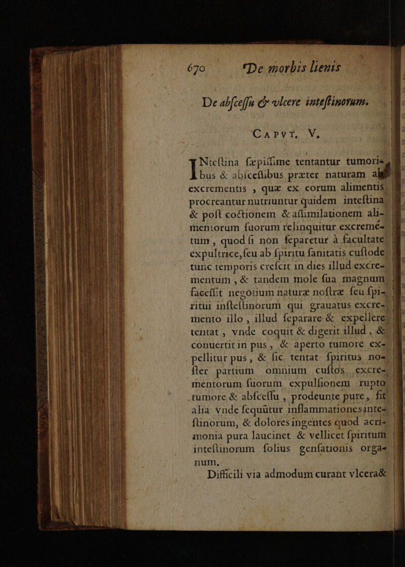 De abfceffu C vlcere inte[ffinovum. CAP(UT1. V. | MT tmm ttt FNtefüna fepiffime tentantur tumoris | bus &amp; abíceflibus preter. naturam asd excrementis , qux ex eorum alimentis, | procreantur nutriuntur quidem | intefüna &amp; poft co&amp;ionem &amp;aífimilationem ali- mentorum fuorum relinquitur excremé- tum , quod fi non feparetur à facultate expultrice,feu ab fpiritu fanitatis cuflode tunc temporis crefcit in dies illud excre- mentuih , &amp; tandem mole fua magnum; | facefft negotium naturz noftre. feu fpis] ritui infteíinorum qui grauatus excre-: M. mento 1llo , illud feparare &amp; expellere! tentat , vnde coquit &amp; digerit illud ,.&amp; conuertitin pus, &amp; aperto tumore ex- pellitur pus, &amp; fic, tentat. fpiritus nos] fler partium omnium cuftos excre-.| mentorum.fuorum expulfionem rupto. | tumore &amp; abfceffu , prodeunte pure, fit. alia vnde fequütur 1nflammationesintes fünorum, &amp; dolores ingentes quod. acris inonia pura laucinet. &amp; vellicet fpiritum inteftinorum folius genfatonis orgas num. Difficili via admodum curant vlcera&amp; tuti memet t Rep th t M n n