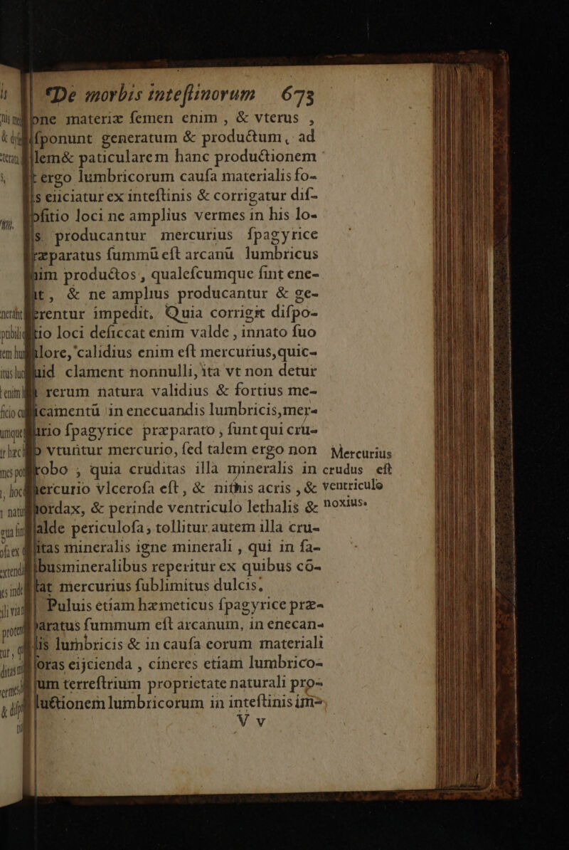 nim pne materi femen enim , &amp; vterus , di fponunt generatum &amp; produ&amp;um, ad tnl lem&amp; paticularem hanc productionem n | ergo lumbricorum caufa materialis fo- s euiciatur ex inteflinis &amp; corrigatur dií- bfitio loci ne amplius vermes in his lo- s. producantur mercurius fpagyrice [z paratus fummü cft arcanu. lumbricus im productos , qualecumque fint ene- it, &amp; ne amplius producantur &amp; ge- xuülerentur impedit. Q uia COIIIgFt difpo- pt aid lio loci deficcat enim valde , innato fuo mhililore, 'calidius enim eft mercurius,quic- ! ttüs lud 4f). Bud clament nonnulli, ita vt non detur enim | rerum natura validius &amp; fortius me- iicafflicamentu 'in enecuandis lumbricis,mer- imqilliirio fpagyrice praparato funtqui crüu- irheci i vtuntur mercurio, fed talem ergo non Mercurius me pol obo quia cruditas illa mineralis in crudus eft . lofiercurio vlcerofa eft , &amp; nifhis acris , &amp; ventriculo | nuifllordax, &amp; perinde 1 TOM ledaht gp noxius. n | alde periculofa; tollitur. autem illa cruü- je itas mineralis igne minerali , qui in fa- «olli busmineralibus reperitur ex quibus có- «nilflat mercurius fublimitus dulcis. ji | Puluis etiam hzmeticus fpag yrice prz- «Daratus fummum eít arcanum, in enecan- Elis lurnbricis &amp; in caufa eorum materiali Bloras eijcienda , cineres etiam lumbrico- f jum terreftrium proprietate naturali prp- u&amp;tionem lumbricorum in inteftinis im^ Vv