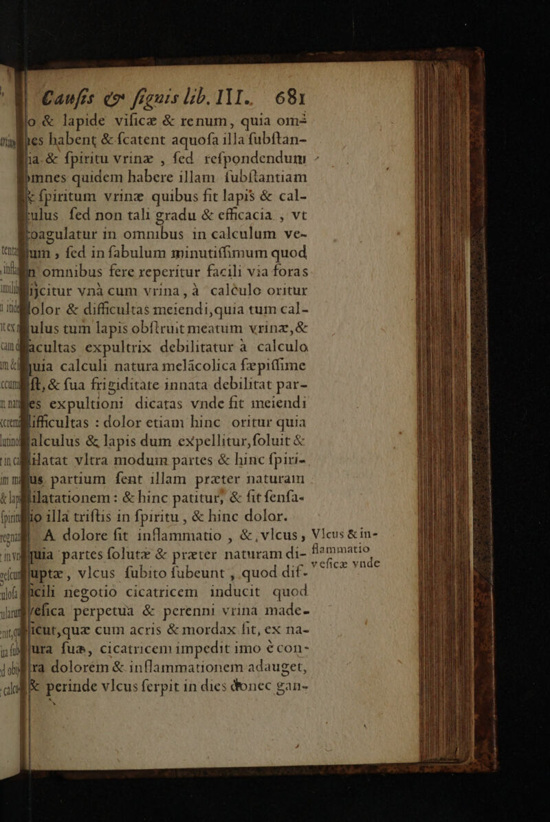 Blo &amp; lapide vificaa &amp; renum, quia om allies habent &amp; fcatent aquofa illa fubftan- Ba. &amp; fpiritu vrinz , fed refpondendum mnes quidem habere illam. (ubftantiam E fpiritum vrinz quibus fit lapis &amp; cal- Brulus fed non tali eradu &amp; efficacia , vt o oagulatur in omnibus in calculum ve- iium ; fed in fabulum minutiffimum quod En omnibus fere reperitur facili via foras lijcitur vnàcum vrina,à calculo oritur lolor &amp; difficultas meiendi,quia tum cal- [ulus tum lapis obflruit meatum vrinz,&amp; E cultas expultrix debilitatur à. calculo WM juia calculi natura melácolica fzpitfime Calm jit. &amp; fua frigiditate innata debilitat par- t nales expultioni dicatas vnde fit imeiendi (Crerut lifficultas : dolor etiam hinc oritur quia ui Malculus &amp; lapis dum expellitur,foluit &amp; inclHatat vitra modum partes &amp; hinc fpiri- I s partium fent illam prater naturam lilatationem: &amp; hinc patitur; &amp; fit fenfa- it io illa triftis in fpiritu , &amp; hinc dolor. A dolore fit inflammatio , &amp;,vlcus , Vicus &amp;in- Bguia partes folutz &amp; prater naturam di- cya ME uptz, vlcus fubito fubeunt , quod dif- ^^^ ^ icili negotio cicatricem idc quod Byefica perpetua &amp; perenni vrina made- Biicur,quz cum acris &amp; mordax fit, ex na- Riura fua, cicatricem impedit imo € con- iBlra dolorem &amp; inflammationem adauget, IR perinde vlcus ferpit in dies donec gan-