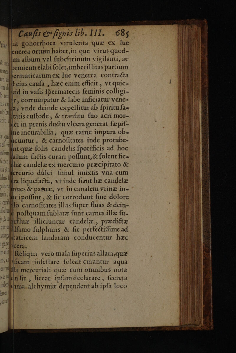 [7 l ia gonorrhoea virulenta quz ex lue b ortum habet,in que virus quod- im album vel fubcitrinum vigilanti, ac ormienti elabi folet, QUARE partium l| jermaticarum ex lue venerea contracta 5 Mb eius caufa , hzc enim efficit , vt quic- * Juid 1 in vafis fperiatecis feminis colligi- Y sli ir, corrumpatur &amp; labe inficiatur vene- m. p vnde deinde expellitur ab fpiritu fa« . tatis cuftode , &amp; tranfitu fao acri mor- i1 in prenis ducta vlcera generat fepif- neincurabilia, qux carne impura ob- icuntur , &amp; P holtates inde protube- ntqua folis candelis fpecificis ad hoc Balum factis curari poffunt, &amp; folent fie- [hz candelz ex mercurio przcipitato &amp; Mercurio dulci fimul imixtis vna cum «| E liquefaéta, vt inde fiant hz candelz iinues &amp; pafuz, vt in canalem vrinz in- dem &amp; fic corrodunt fine dolore hs llo carnofitates illas fuper fluas &amp; dein- € | poftquam fublatz funt carnes ill fu-  prflux illiciuntur. candele , przdicte am Ilfamo fulphuris &amp; fic perfe&amp;iffime ad UWPatricem landatam conducentur hzc Ln ficera. neu Reliqua vero mala fuperius allata,quz ; Ol ücam - infeftare. folent curantur. aqua à mercuriali quiz cum omnibus nota nfit , liceat ipfam declarare , fecteta i'Rennia alchymie dependent ab ipf. | loco ei í il q, M i xus dl ! dut ] ! | Seius Sa natat aai s ie cu S aiu T ERREUR HSSSIDEREIBIEEEEEEEEE