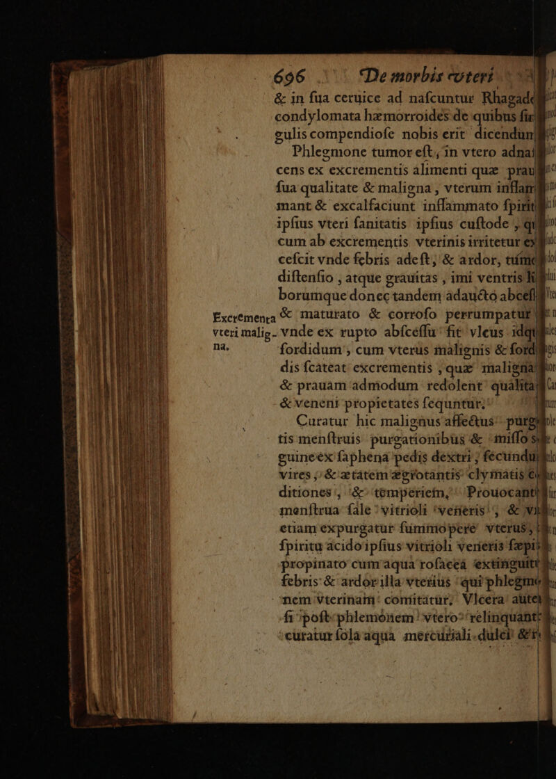 &amp; in fua ceruice ad nafcuntur Rhagaddli condylomata hemorroides de quibus fici gulis compendiofe nobis erit dicendum,  Phlegmone tumor eft; in vtero adnaí| pr cens ex excrementis álimenti quz praug fua qualitate &amp; maligna , vterum inflamgi mant &amp; excalfaciunt inffammato fpirit ipfius vteri fanitatis ipfius cuftode , qr jo cum ab excrementis. vterinis irritetur exg« cefcit vnde febris adeft, &amp; ardor, cms io diftenfio , atque grauitàs , imi ventris t borumque donee! tandem adaucto abcefi! Exerémenia &amp; maturato &amp; corrofo perrumpatur| vteri malig. vnde ex rupto abfcéffu^ fit v1eus .idqui na, fordidum ; cum vterus malignis &amp; fordilio: dis fcateat' excrementis , quz maligna &amp; prauam admodum redolent quilita IH &amp; veneni propietates fequntur. Curatur hic malignus affeQus'. pur tis menítruis purgationibts &amp; amiffo sd guineex faphena pedis dextri , la vires jj &amp;' actátem egrotantis clyinatis € ditiones , '&amp;- temperiefn, ^ Prouocantillu menítrua fale ' vitrioli vereris &amp; d edam expurgatur fümmopere vterüs t fpiritu acidoipfius vitrioli verieris faepisl propinato cum'aqua rofaceá extinguit [niei &amp; ardorilla vterius qui phlegmé ha nem vterinam: conmiitátur, Vleera' aütell fi ;poft-phlemoónem: vtero^ relinquant: cüraturíólaaqua mercuriali.dulci &amp;