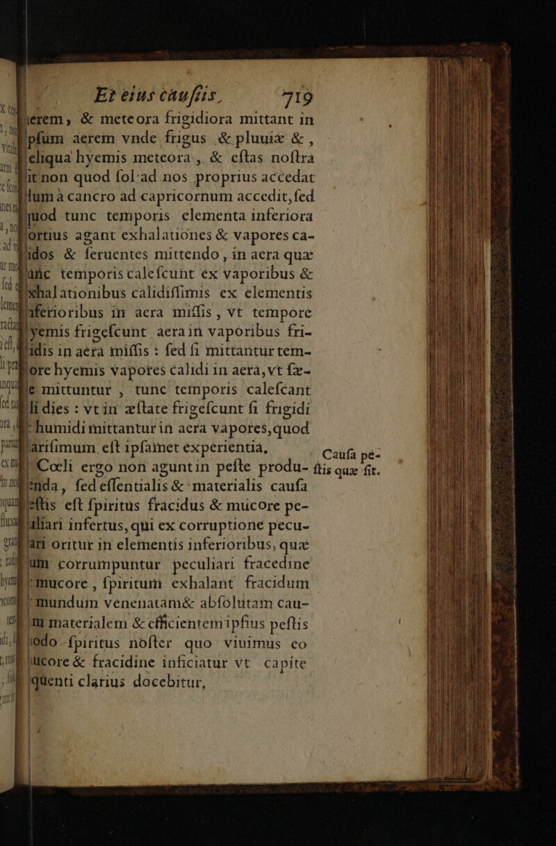 lerem, &amp; meteora frigidiora mittant in M pfüm aerem vnde frigus &amp; pluuix &amp;, r 'eliqua hyemis imeteora ,. &amp; cftas noflra iit non quod fol'ad nos proprius accedat lum à cancro ad capricornum accedit, fed ] quod tunc temporis elementa S Erira Rortius agant exhalationes &amp; vapores ca- ldos &amp; feruentes mittendo , in aera qux Baüc temporis calefcunt ex vaporibus &amp; lixhalationibus calidiffimis ex elementis Eaferioribus in aera miffis, vt tempore | yemis frigefcunt. aerain vaporibus fri- adis 1n aéfà miffis : fed fi mittantur tem- orc hyemis vapores calidi in aerá,vt fx- e mittuntur , tunc temporis calefcant li dies : vt in xílate frigefcunt f1 frigidi ; humidi mittantur ín aera vapores, quod | larifimum. eft ipfamet experientia, Cala vàz P Coli ergo non aguntin pefte produ- £i; quz fit. Penda, fed éfentialis &amp; materialis caufa teftis eft fpiritus fracidus &amp; mucore pe- Balian infertus , qtii ex corruptione pecu- Rar oritur in elementis inferioribus, qux | um corrumpuntur peculiari fracedine mucore , fpiritum. exhalant fracidum Blunduin venenatam&amp; abfíolutam cau- im materialem &amp; cfficientem ipfius peftis iodo fpiritus nofter quo viurmus co d Jucore &amp; fracidine inficiatur vt capite  Lg clarius docebitur, J - a d chis cR )cucdedeoi quati dC n RU ema dai ry dea PURA SRI s 0A ig. e atia ci n la B a iin i aco