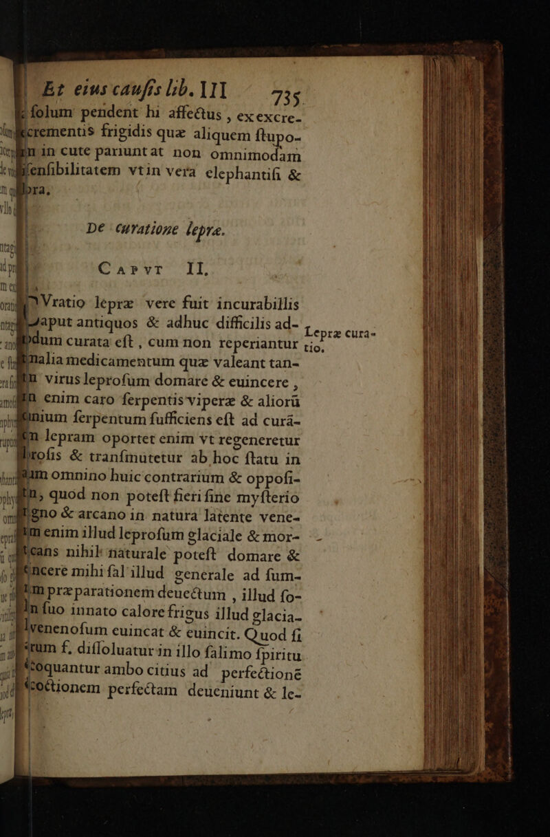 | Et eius caufes Lb. 11] 7s E: folum pendent hi affe&amp;us , ex excre- lm crements frigidis qux aliquem ftupo- li in cute pauuntat non omnimodam kwfenfibilitatem vtin vera elephantifi &amp; De curatione lepra. CA Yr IT. sem lepram oportet enim vt regeneretur Mirofis &amp; tranfinütetur ab hoc flatu in jum omnino huic contrarium &amp; oppofi- Kn, quod non poteft fieri fine myfterio Jiigno &amp; arcano in. natura latente vene- m enim illud leprofum elaciale &amp; mor- Lcans nihil naturale poteft. domare &amp; a] Bencere mihi fal illud generale ad fum- bm prz parationem deuectum , illud fo- In fuo innato calore frigus illud glacia- lvenenofum euincat &amp; euincit. Q uod fi W*rum f, diffoluatur in illo falimo fpiritu J ^ ian ambo citius ad perfectione Ji] feoctionem perfe&amp;tam deueniunt &amp; le- x —— mE 2 * ——— €c4— c-tÀ —x- Leprz curas tio.