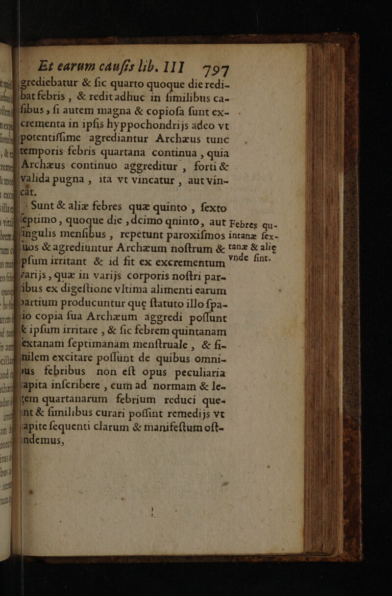 | grediebatur &amp; fic quarto quoque die redi- Ebatfebris, &amp; reditadhuc in fimilibus ca- Bfibus , i autem magna &amp; copiofa funt ex- jcrementa in ipfis hyppochondrijs adeo vt jpetentiffime agrediantur Archzus tunc temporis febris quartana. continua , quia Archzus continuo aggreditur , forti &amp; | jValida pugna , ita vt vincatur , aut Vin- xol cat. ilf ^ Sunt &amp; alix febres quz quinto , fexto 1 ! ] i 1 nd erai «mb pfum irritant &amp; id fit ex excrementum ii yarijs quz in varijs corporis noftri par- » libus ex digeflione vltima alimenti carum ji ffPartium producuntur que ftatuto illo Ípa- wm lo copia fua Archzum aggredi poffunt dull ipfum irritare , &amp; fic febrem quintanam ; n extanam feptimanam menftruale , &amp; fi- ala mlem excitare poffünt de quibus omni- widipus febribus non eft opus peculiaria dad Japita infcribere , cum ad normam &amp; le- dj iem quartanarum. febrium. reduci que- iint &amp; fimilibus curari poffint remedijs vt s lrapite fequenti clarum &amp; manifeftum oft- Lindemus, ! | | |