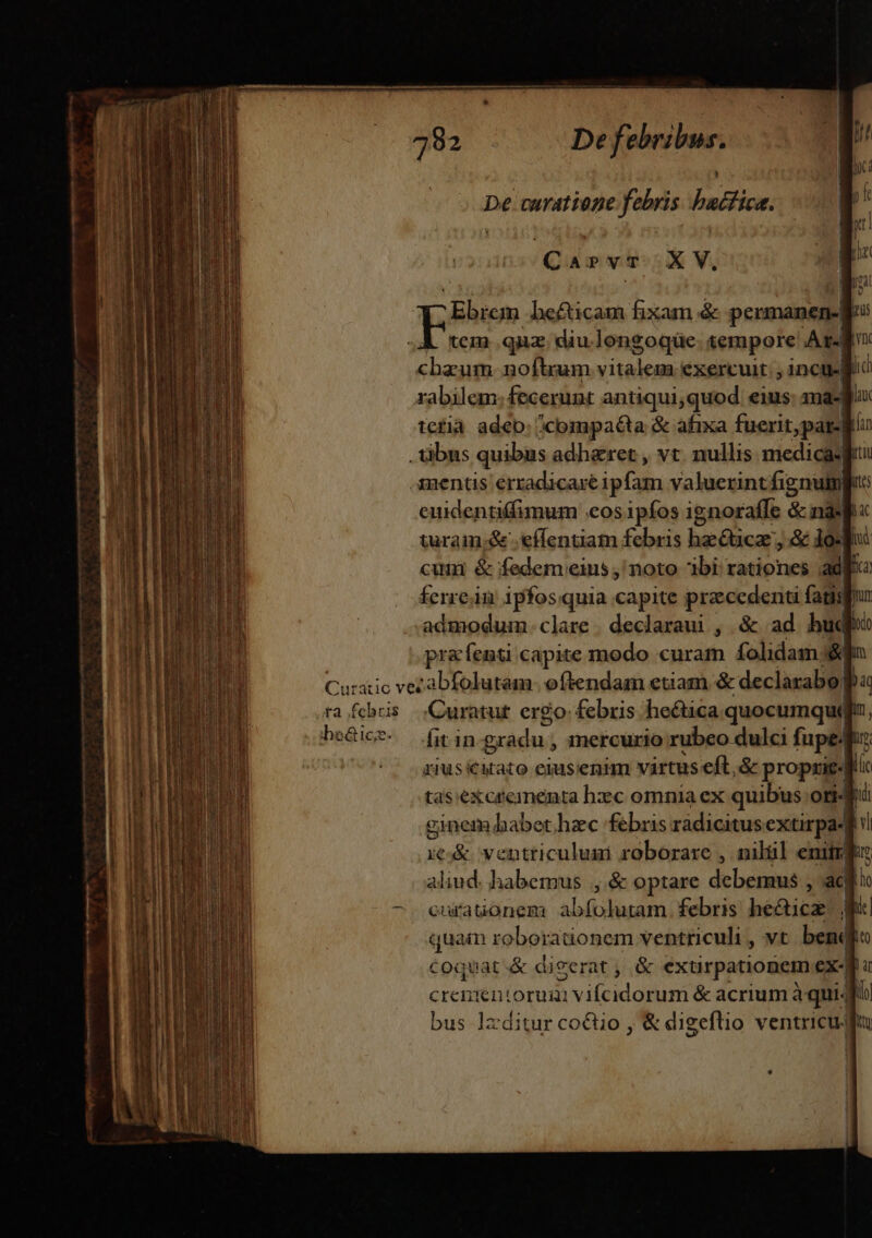 mmt dumme ttt D Carvt X V, AL he&amp;icam fixam &amp; permanep- | tem quz. diu.longoqüe tempore At] titor. noftrum vitalem exercuit. , ancu- f rabilem: fecerunt antiqui,quod. eius: ma-gfu: tetià adeo: ;compaéta &amp; afixa fuerit,par-B . tibus quibus adharet, vt. nullis medica: mentis erradicare ipfam valuerintfignumfi: euidentiffimum eosipfos ignorafle &amp; n cuni &amp; fedem eins , noto ibi rationes ,adff ferre im ipfos.quia capite pracedenti fatis admodum.clare. declaraui , &amp; ad hud prafenti capite modo curam folidam/&amp; Curatur ergo: febris hectica quocumque fit in gradu. , mercurio rubeo dulci fupe riusiitato eiusenim virtus eft, ,&amp; proprie4 Ll tas:ex oreanenta hxc omnia ex quibus ori- | ginem babet hzc febris rádicitus extirpa- N ie ventriculum roborare , niliil eniti: aliud. habemus , &amp; optare debemus , acf curationem NAFXC BEL febris hectiok ! quam roborationem ventriculi , vt. bend coquat &amp; digerat , .&amp; exüurpationem id | crenientorui? E vile nidi um &amp; acrium à qui- bus lxditur co&amp;tio , &amp; digeflio ventricu d