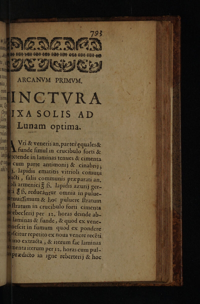 ARCANVM PRIMVM. INCTVRA IXASOLIS AD [| Lunam optima. | * 04 ftw 1 Vri &amp; venerisan, partes equales&amp; mj T MX funde fimulin crucibulo forti &amp; IMisctende in laminas tenues &amp; cimenta CUM cum parte antimonij &amp; cinabrij ; ins, lapidis ematitis vitrioli comuni aci , falis communis praparati an, pli armenici? fi, lapidis azurij ger- I2 0. reducántur omnia in pulue- znuiffimum &amp; hoc puluere ftratum flratum in crucibulo forti cimenta febeclerij per. 12. horas deinde ab- laminas &amp; funde , &amp; quod ex vene- nefcit in fumum quod ex pondere Meitur repetito ex noua venere recéti, lino extracta , &amp; iterum fac laminas Bnenta iterum per 12, horas cum pul- praedicto in ignc reberterij &amp; hoc