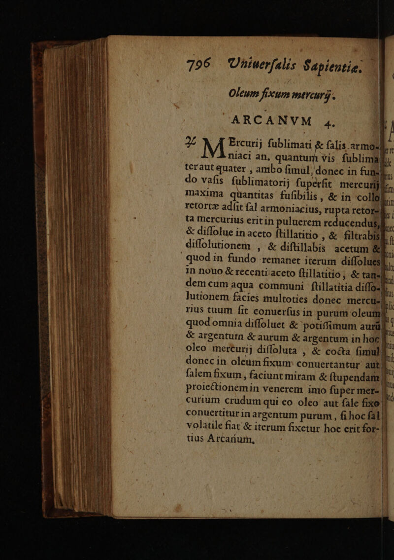 xe —— BA d p» em 796 Uniuerfalis Sapieutie, Oleum fixum mtrcurg. ARCANVM 4. [| niaci an, quantum Vis fublimat teraut quater , ambo fimul, donec in fuas. do vafis fublimatorij fuperfit mercurij m maxuna quantitas fufibilis , &amp; in collo| Er rctortz adfit fa] armoniacius, rupta retored. ; M4 n gm &amp; Doni Bit itd 4 ta mercurii erit in puluerem rcducendus, &amp; diflolue in aceto ftillatitio ,&amp; filtrab diffolutionem , &amp; diftillabis acetum dem cum aqua communi flillatitia difTo-3 lutionem facies multoties donec mercusd. rus tuum fit conuerfus in purum oleum? | quod omnia diffoluet &amp; potiffimum aurüJj 1 &amp; argenturn &amp;aurum &amp; argentum in hoc f. oleo mercurij diffoluta , &amp; cocta fimul donec in oleum fixum conuertantur aut . falem fixum , faciunt miram &amp; ftupendam 1 proiectionemin venerem imo fuper mer- |n ] curium crudum qui eo oleo aut fale fixo l ' conuertitur in argentum purum , fi hoc fal volatile fiat &amp; iterum fixetur hoe erit for-| tius Arcanum, |