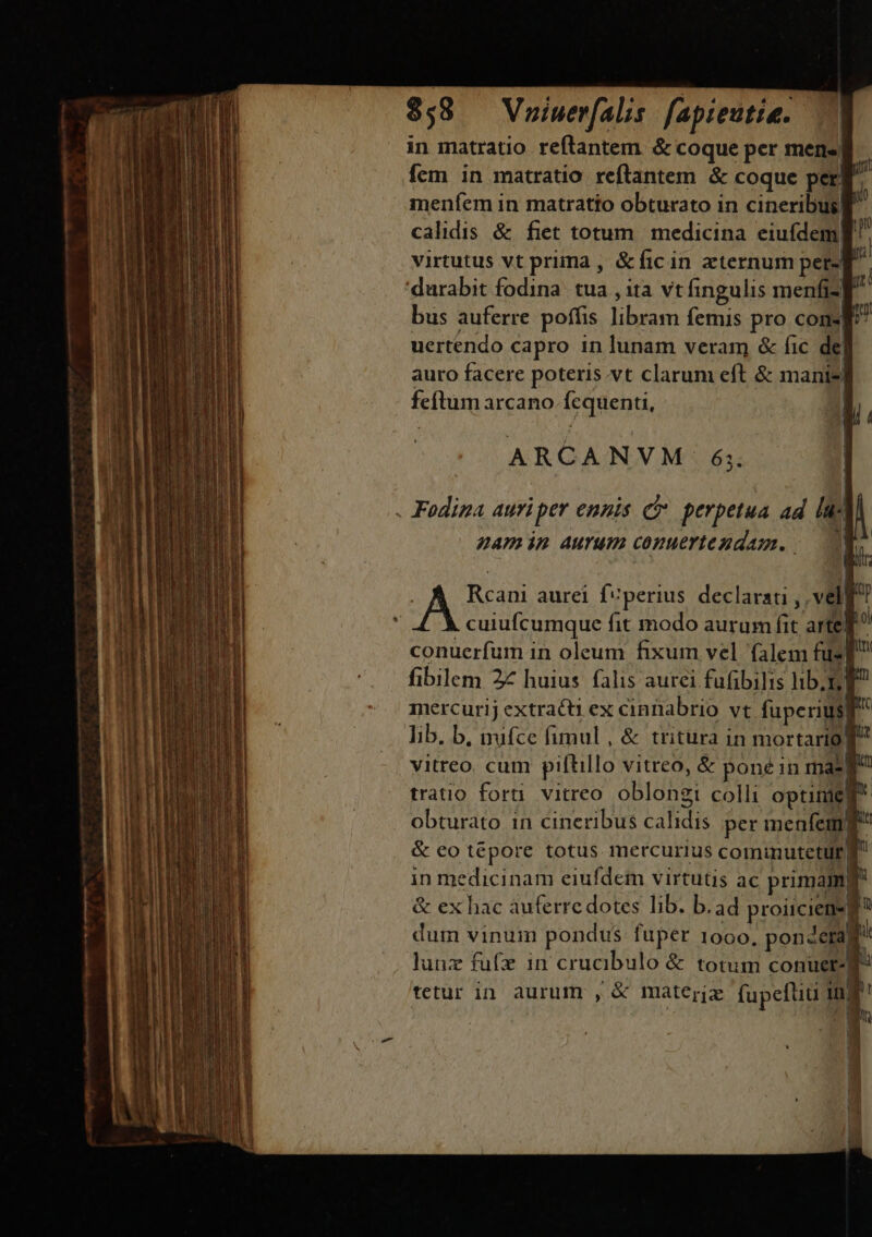 EI in matratio reftrantem. &amp; coque per men«| TOU p menfem in matratito obturato in cineribus. calidis &amp; fiet totum | medicina eiufdem. | | virtutus vt prima , &amp;ficin zternum pere! 4 gulis menfi f^ bus auferre poffis libram femis pro cons ra uertendo capro in lunam veram &amp; fic de] auro facere poteris.vt clarum eft &amp; manie| feftum arcano Ícquenti, ARCANVM 6; | | | iiir Rcani aurei fzperius declarati , veli cuiufcumque fit modo aurum fit artel i conuerfum in oleum fixum vel falem fus fibilem 27 huius. falis aurei fufibilis lib. mercurij extracti ex cinnabrio vt fuperius lib. b, nufce fimul, &amp; tritura in mortario! i vitreo. cum piftillo vitreo, &amp; pone in mas tratio fori. vitreo oblongi colli optintef obturato in cineribus cahdis per menfemg &amp; eo tépore totus mercurius cominutetur gf in medicinam eiufdem virtutis ac primam) &amp; ex hac auferre dotes lib. b.ad proiiciene g^ dum vinum pondus fuper 1000, pondera lunz fuf in crucibulo &amp; totum conuet-g^ tetur in aurum , &amp; materi fupeftiti in| h ME or namin aurum conuertezdam. 1 ] l [ ! J 1 | 1 ] | j | l |