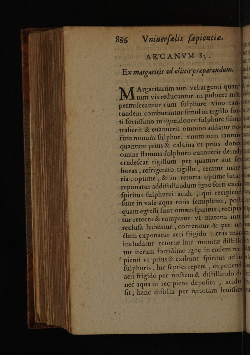 Ex margaritis 4d elixir praparandum. a: * | us Argaritarum auri vel.argenti quam! JU M) um vis reducantur 1n puluere m&amp;p* permifceantur cum. fulphure viuo. taie fin: tundem comburàántur fimulin tgillo for-| ti fortiffimo in igne;donec fulphure flàma| .trafierit &amp; euanuerit omnino addatur ite rum nouum fulphur, vnum.non tantutrf quantum prius &amp; calcina vt prius donéd omnis flamma falphuris euanuerit deinde crudeícat tigillum per quatuor aut fexpua horas , refrigerato tigillo , teratur mate; ria optime , &amp; 1n retorta optime lutat/ reponatur addiftillandum 1gne forti exea pou fpiritus fulphurei acidi , qui recipiendf«s funt in vafe aqua rotis femipleno , poft lit quam egre(fi funt omnes fpiritus , recipiapf tur retorta &amp; rumpatur. vt materia intupl reclufa habeatur ,conteratur &amp;- per: no| ior &amp;eim exponatur aeri frigido . 1; cras mapu includatur retortz lute. munit diftillegt tur iterum fortiílimo igne in eodem rec pienti vt prius &amp; exibunt fpiritus adhuff fulphuris , hic fepties repete , exponend | aeri frigido per noctem &amp; diftillando dap nec aqua in recipiens depofita , acidum fit; hanc difülla per retortam leui (fungi: r