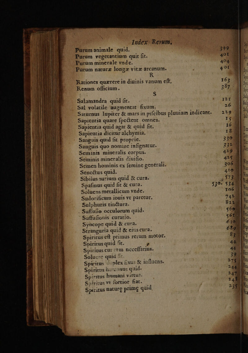 A m A mae MÀ -— rcm z Mi. -— ES T Index Renm. Purumanimale quid. Purum vegetantium quit fit. Purum minerale vnde. Pürum naturz long vitz arcanum. Rationes quzrere in diuinis vanum eft. S Salamandra quid 6t. Sal volatile augmentat fixum. Sarurnus lupiter &amp; mars in pifcibus pluuiam indicant. Sapientia quare fpe&amp;ent omnes. Sapientia quid agat &amp; quid fit. Sapientia dicitur alchyniia. Sanguis quid fic proprie. Sanguis quo nomine igfignatur. Seminis mineralis corpus. Seminis mineralis diuifio. Semen hominis ex femine generali. Senc&amp;us quid. Sibilus aurium quid &amp; cura. Spafmus quid fit &amp; cura. Soluens metallicum vnde. Sudorificum iouis yt parctur., Sulphuris tindura. Syncopc quid &amp; cura. Strangurta quid &amp; eius cura. Spiritus eft primus rerum motor, Spiritus quid fit. * Spiritus cur c*m neceffarius. Solucz« quid 5: j Spiritus « plex Gxus &amp; influens. Spiritus hizinus quid. Spiritus humani virtus. Spiritus vt fortior fiat. Spiritus nature prime quid