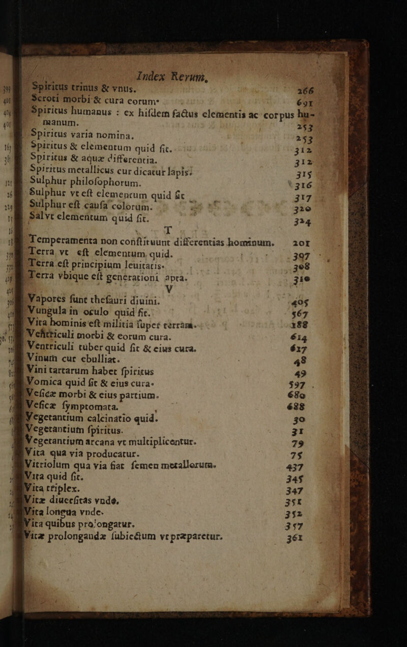 | Spiritus trinus &amp; vnus. | Scroti morbi &amp; cura eorum: 166 621 manum. Spiritus varia nomina. Spiritus &amp; elementum quid fic. Spiritus &amp; aquz differentia. | Spiritus metallicus cur dicatur lapis; | Sulphur philofophorum. | Sulphur vt eft elementum quid fic Sulphur eft caufa colorum. | Salvt elementum quid fit. p. T | Temperamenta non conftituunt differentias hominum. | lerra vt. eft elementum, quid. | ! Terra eft principium leuitatis- Terra vbique eft generationi apta. | v p Vapores func thefauri diuini. | Vungula in oculo quid fir. | Vita hominis eft militia füpet terràm. | Velitriculi morbi &amp; eorum cura. | Ventriculi tüber quid fit &amp; eius cura. | Vinum cur ebulliat. I Vini rartarum haber fpiritus MllVomica quid &amp;t &amp; eius cuca- IVefice morbi &amp; eius partium. IVefice fymptomata. i IWegetantium calcinatio quid. IVegetantium fpiritus. st egctantium arcana vt multiplicentur. ità qua via producatur. IVitriolum qua via fiat. femen metallerum. IV1ta quid fit. Vita triplex. Witz diuecficas vnde, Mita loneua vnde. V'ira quibus pro'ongatur. ir prolongaudz (ubicétum vr przparetur. 253 253 313 312 315 3!7 320 334 20r 397 398 3:9