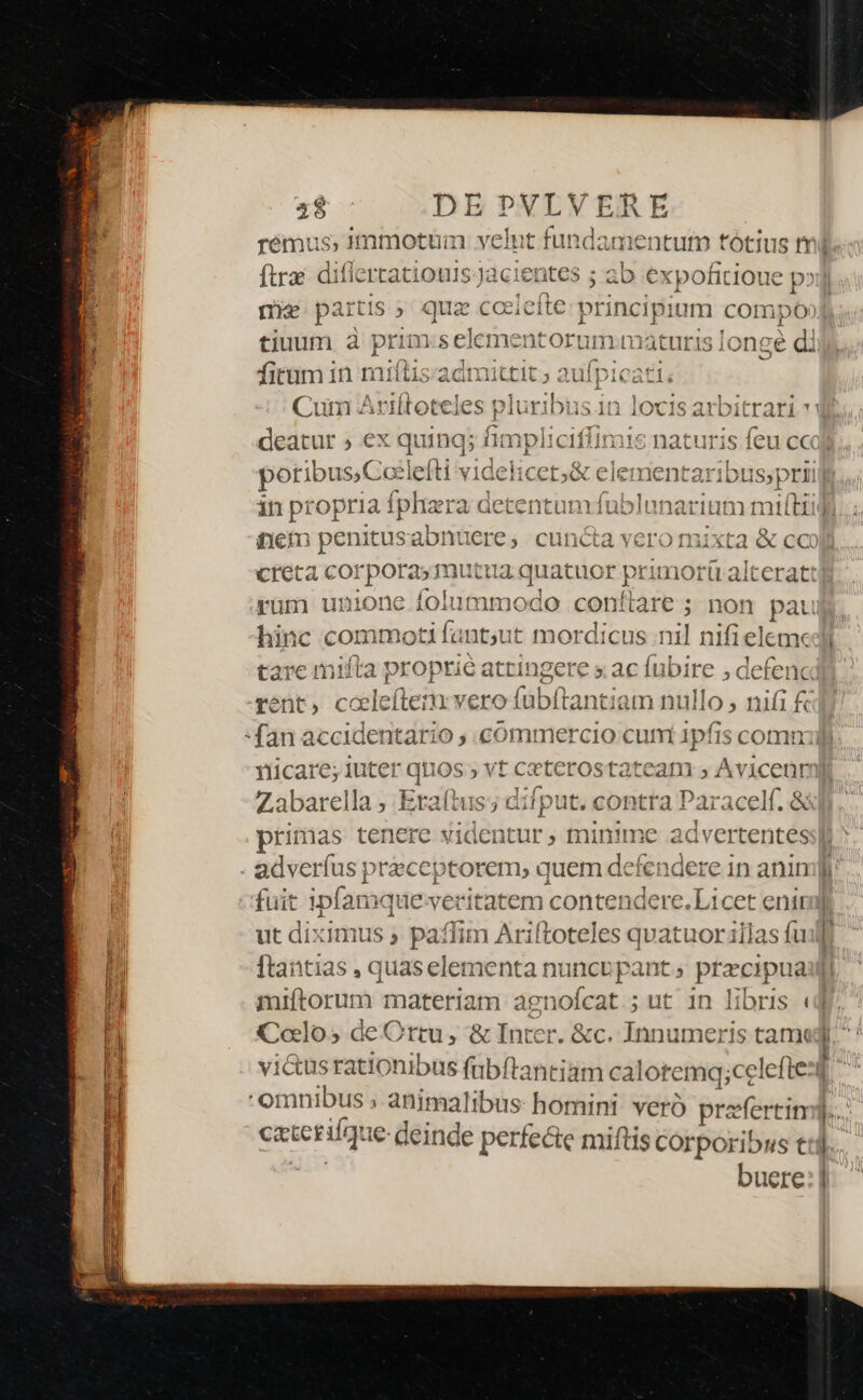 ae————- E - - ANAIUNINAEm IUD TU TERTIO US S ue rémus, iinmotum velut fundamenturnp tótius mt ftra diflertatiouis Ja icientes ; ab expofitioue p» | mie partis» quz ccelefte: principium compoo tiuum à prim pu nentorum.maturis longe di fitüm in miítis-admittit ; aufpicati. Cum Ariítoteles plut visos in locis art a '3 deatur » ex quing; fia Maec naturis feuc poribus, Cclefti videlicet; &amp; Eexkaarb in propria fphzra detentum fublunarium mi(tiifi tcm pet nitusabnuere, cuncta vero mixta &amp; ca creta corpora» mutua quatuor primoríi alterat: rüm unione folummodo con flare ; ; non pau hinc commoti fant;ut mordicus nil nifiel eme tare ida proptié atringere s. ac fubire , defe rént, cclefterm vero fübftantiam nullo , nifi &amp; fan accidentario ; cómmercio cum ipfis comn rücare; iuter c quos; vt ceterostateam » Av icenmi Zabarella ; Era(tus; difput. contra Paracelf. &amp; primas tenere videntur, minime a dvertentes . adverfus praeceptorem, quem defendere in anin fuit ilaque veritatem contendere.Licet enti ut diximus » paffim Ariftoteles qvatuor iilas fuil [tantias , quas elementa nuncupant ; pracipua | miftorum materiam agnofcat. ; ut 1n libris «4 Colo; deOrtu, &amp; Inter. &amp;c. Innumeris tan vicus rationibus finbíta intiam caloremq;celeftezs D LliV. vtm n catcrifque € deinde perfecte miftis corporibus t ! buere