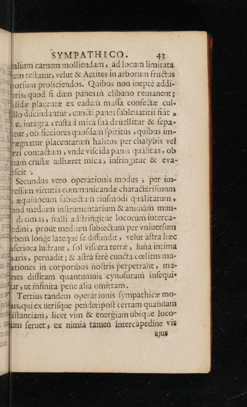 lalium carnem molliendam ; ad locura limitata ln teftatur, velut &amp; Aetites 1n arborum fru&amp;us Troríu a proliciendos. Quibus non inepte addi- leri; quod fi dum panesin clibàno remanent; dide placente ex eadim maffa confe&amp;z cul. lllo diícindantür » cumctt pa 15 (ableüatitit fidt | e. integra cráftaà mica [uà deuellitur &amp; lepa ditur ; 0b ficciores qu iofdam [piritüs » quibus 1m- Jeegnatur placentaram halitus pet r chalybis vel Iirri conza&amp;um ; vnde vifcida panis qualitas ob pam crül le adhzret mica; infrinzituc &amp; eva- flet ] | Sac undus vero operàtionis tiodus 5 ins inm l effam vircutis Comin 1nicandz charactérifmum 1 equiüocum labiectin AXufmodi duaálitatum » iod medium in(tramentàrium &amp; aniiiám mun- diximus ; nal ui aditriügicür locorum interca- (dini, proüt med:um b biect REPE vniuerfum be Bids lareque: (ce diffundit; velut aítra hzc hferiora luitcant , fol vifcératerrz , luna 1ntima aris, perüadit ; &amp; aíteà fere cut 1cta coelitus mus |ktiones in corporibus no(tris perpetraüt, ma- ^jnes diffitam quàniimis cynofuram infequie Ar ; uc infinita pene alia omittam. '] Tertius tandem operàtioais fy mpathica: mo- Tus;qui ex ütrifque | xeridet:poft cerram quandam ! Iiitanciz m; licet vim &amp; energiam übique loco aum feruet; ex nimià tamen intercapedine vis cjus a— 8 ER amc a 1 deze ze