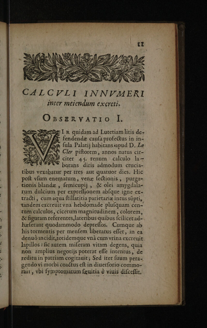 CALCFLI INNVAERI inter meiendum ex«reti. OssznRvaArrio L EIR quidam ad Lutetiam litis de- fendende caufa profe&amp;us in in- fula Palatij habitansvapud D. Le ! Cler piftorem , annos natus cir- citer 4$. renum calculo la-- e berans diris admodum crucia- tibus vexabatur per tres aut quatuor dies. Hic poft vfum enematum, venz fectionis, purga- rum dulcium per expreflionem abíque igne ex- tradi, cum aqua ftillatitia parietariz intus süpti, tandem excreuit vna hebdomade plufquam cen- tum calculos, cicerum magnitudinem , colorem, &amp; figuram referentes,lateribus quibus fcilicecad- haferant quodammodo depreífos. Cumque ab his tormentis per menfem liberatus effet, in ea denuó incidit,totidemque vnà cum vrina excreujt lapillos : fic autem. miferam vitam degens, quia non amplius negotijs poterat effe intentus, de reditu in patriam cogitauit; Sed iter fuum pera- cendo vi morbi coactus eft in diuerforio commo- rai1 vbi fymptomarum fzuitia &amp; viuis difccfliz,