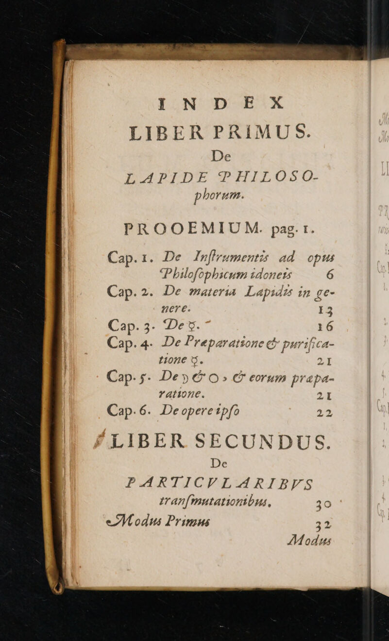 De p borum. Cap. 1. Cap. 2. Cap. 3. Cap. 4- Cap. 5 Cap. 6. De In[lrumentis ad. opus Philofophicum zdonets 6 De materia. Lapidzs in ge- nere. 13 *De s. 16 De Pre paratsone ct purifica- L10Z2€ i$. ZI De » e Q» €? eorum p*«pa- ratione. 21 De opere tpfo 24 PA De RTICVFLARIBFS mran[mutationtbs,