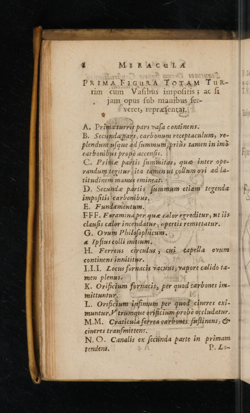 $ M1IiRACuUuILSX DRIMA Fi1GuRÀ TOTAM TuR- rn cum Vafibus impofitis 5 ac i jam opus fub manibus fer- veret, repraentat. A. Primaturris pars vaja continens. B. Secundagiars, carbonum receptaculum, ve- plendum nfque 4d fummum ypriis tamen in imó carbonibus propé accenfts. p C. Prime partis (umtnitas, que inter ope- vandum tegituriita tamen wl collum oyi ad la- titudinem manus emineat. - D. Secunde páriis (ummum etiam. tegenda ampofitis carbonibus, E. Fundamentum. EFF. Feramina per que calor egreditur, nt iis claufis calor incendatur; opertis vemittatur. G. Ovutm Philafophicum. &amp; Ipfiuscolli initium. H. Ferreus circulus y cui -Capella ovum continens innititur. LLL Zocusfornacis vacuus vapore calido ta- ynen plenus. K. Orificium fortiacis, per quod carbones im- mittuntur. « | L. Orificium-infimun per quod cineres exi- muntur.V trümque orificium probe occludatur. M.M. Craticula ferrea carbones fnflinens , c cineres tran[mittens. N. O. Canalis ex fectinda parte in. primam