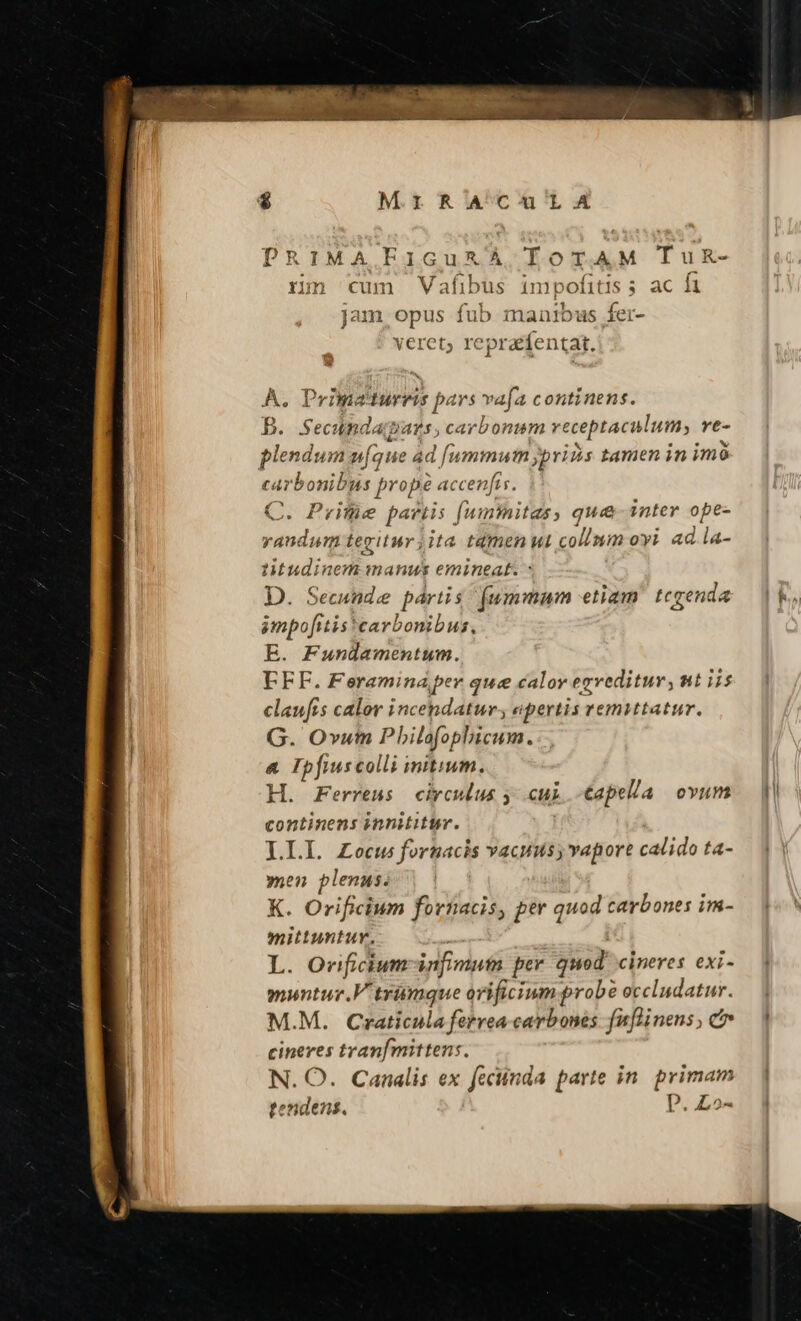 M.1RACutLltsX PRIMA FE1GuRÀ TOTAM TuR- rm cum Vafibus impofitis 5 ac fi jam, opus fub manibus fer- veret, reprafentat. À. Primaturris pars vafa continens. B. Secundagiars , carbonum receptaculum, Ye- plendum ufque 4d [ummuin jp ris tamen in imó carbonibus propé accents. C. Prifüe partis (umnitas, que inter ope- vandum tegitur ita tamen wt collmm oyi. ad.la- titudinem manus emineat. - D. Secuade pártis (ummum etiam. tegenda ampofitis carbonibus, E. Fundamentum. EFF. Feraminaper que calor egreditur, nt ii5 claufis calor incendatur; opertis remittatur. G. Ovum Pbilofophicum. &amp; Tpfiuscolli initium. H. Ferreus civculus y-.cui -Capella ovum continens innititur. LLL Zocusfornacis vacuus; vapore calido ta- ynen plenus. K. Orificium fortiacis, per quod carbones im- mittuntur. L. Orificium-infimun per quod cineres exi- muntur.V trimque orificium probé occludatur. M.M. Craticula ferrea-carbones fuflinens , cr cineres tran[mittens. N. O. Canalis ex feciinda parte in. primam tendens. p. Lo-