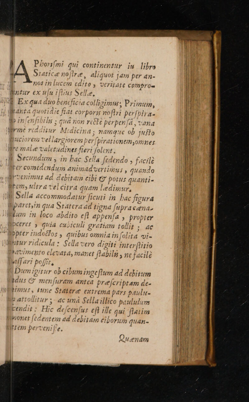 à P^onifími qui continentur iu libro d Siatice nofire aliq: uot 14m per an- - n0s in lucem uy » UtYilate COmibrOs fora ex u(u iftius Selle, | Exau. i duo bencfi: a collizimu: Primum, PU» Tuotidie f corpor 4$ noftri ptt ira- pinlanfhibils ; qua non recte perb xnla , vana mer sie Hy Md dici 77 el ?1 170g: te p 1uffo liuc; rem llargiorem pe rbirationemyomnes re male valetadin er firi folo ; ims , in bac Sella fedendo , facile 6 comtdi ndum animad vertimu; , quando |$ L / Hn mus Ad debitam cibi C potus quanti- s. ultra velcitra quam ledimur, Sella accommodai tr ficu H in bac fig party n qua Stattra ad tigna fupra cena. dum in loco abdito efl 4p benía. » propter pctre$ 5 quia cubiculi gratiam tollit ; aec bbter indo cf os , quibus omnia in| folita Uul- btuy ridicula: Sella vero d giti interflitio Mavimento ele vata, manet f 4bi I , ne facile «lari po ff 7. D: 0 gitur « ob cibum ine geflum ad debitum Idus ^ 7e furam antea prejcriptam de- HmMf.tune Stattre extrema pars p. 1 ulu- p attollitur ;- ac uná dto illico paululum tendit : Hic de jcenfu eft ille qui Wilins y;onet fed : entem ad d ebitam ci borum quan- Ir 6m perve l'e. Q eU d an?